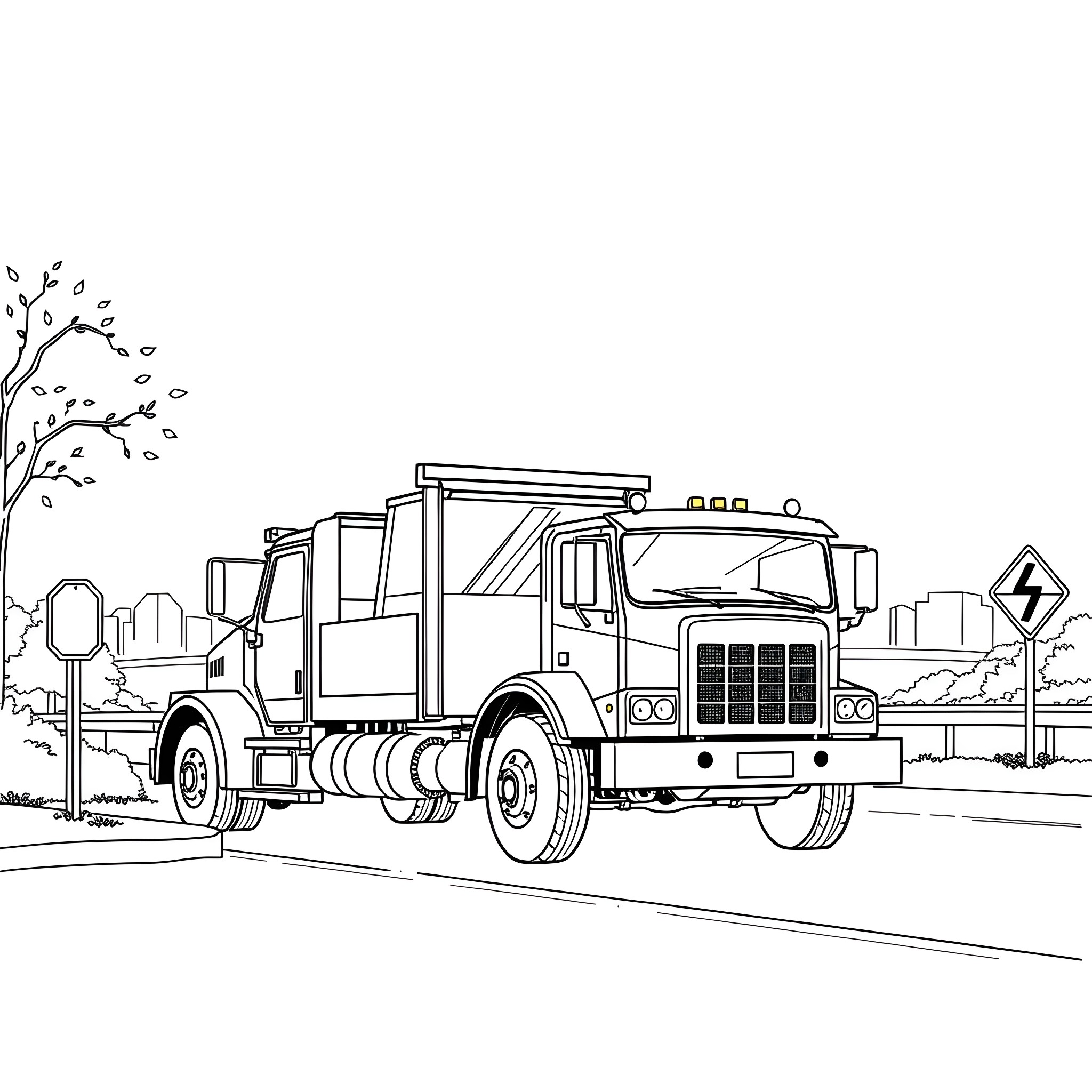 Tow Truck Assisting on the Road Coloring Page (free black-and-white line drawing printable PDF for all, from beginners to advanced learners, including children, teens, adults, and seniors)