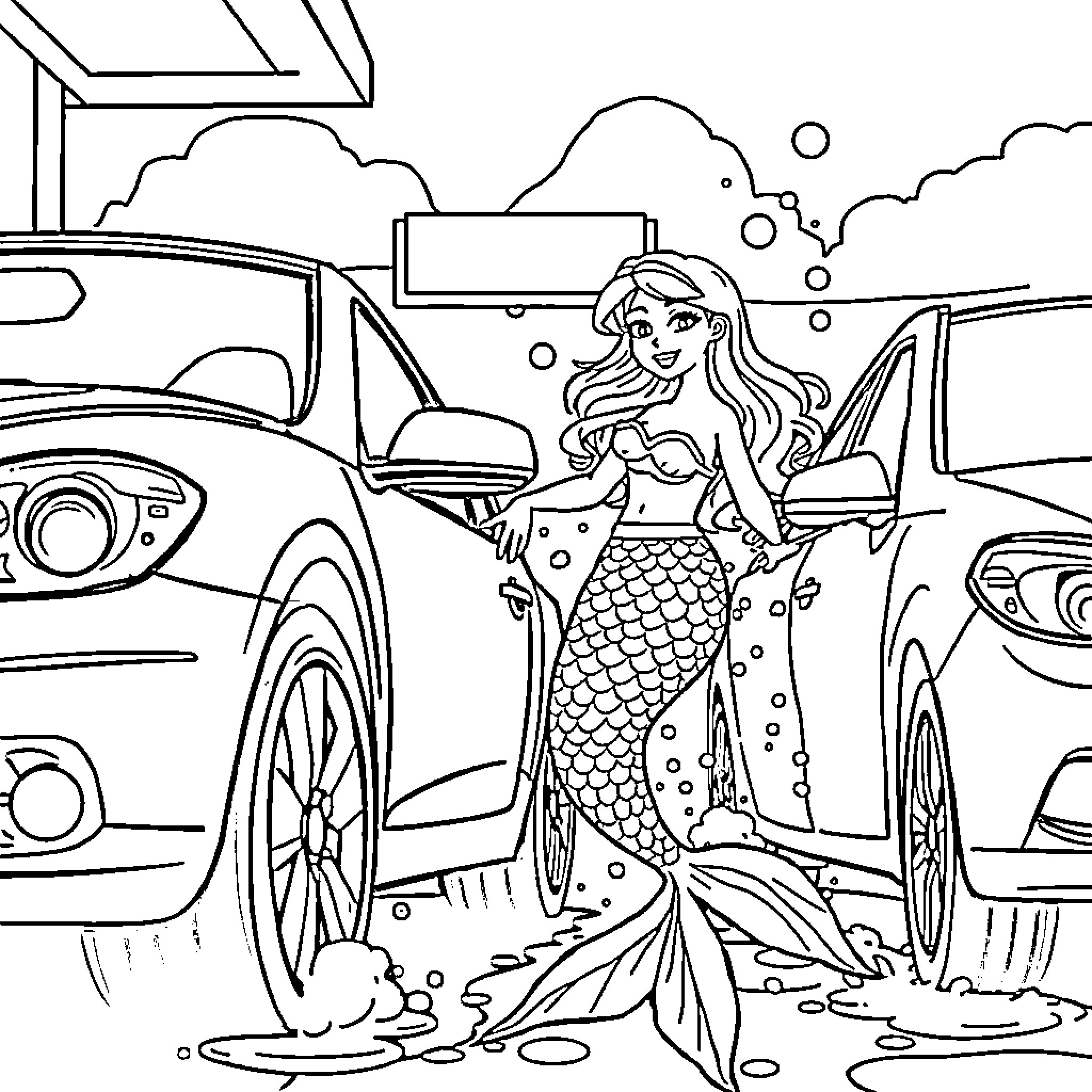 Mermaid posing playfully with cars in the city Coloring Page (free black-and-white line drawing printable PDF for all, from beginners to advanced learners, including children, teens, adults, and seniors)