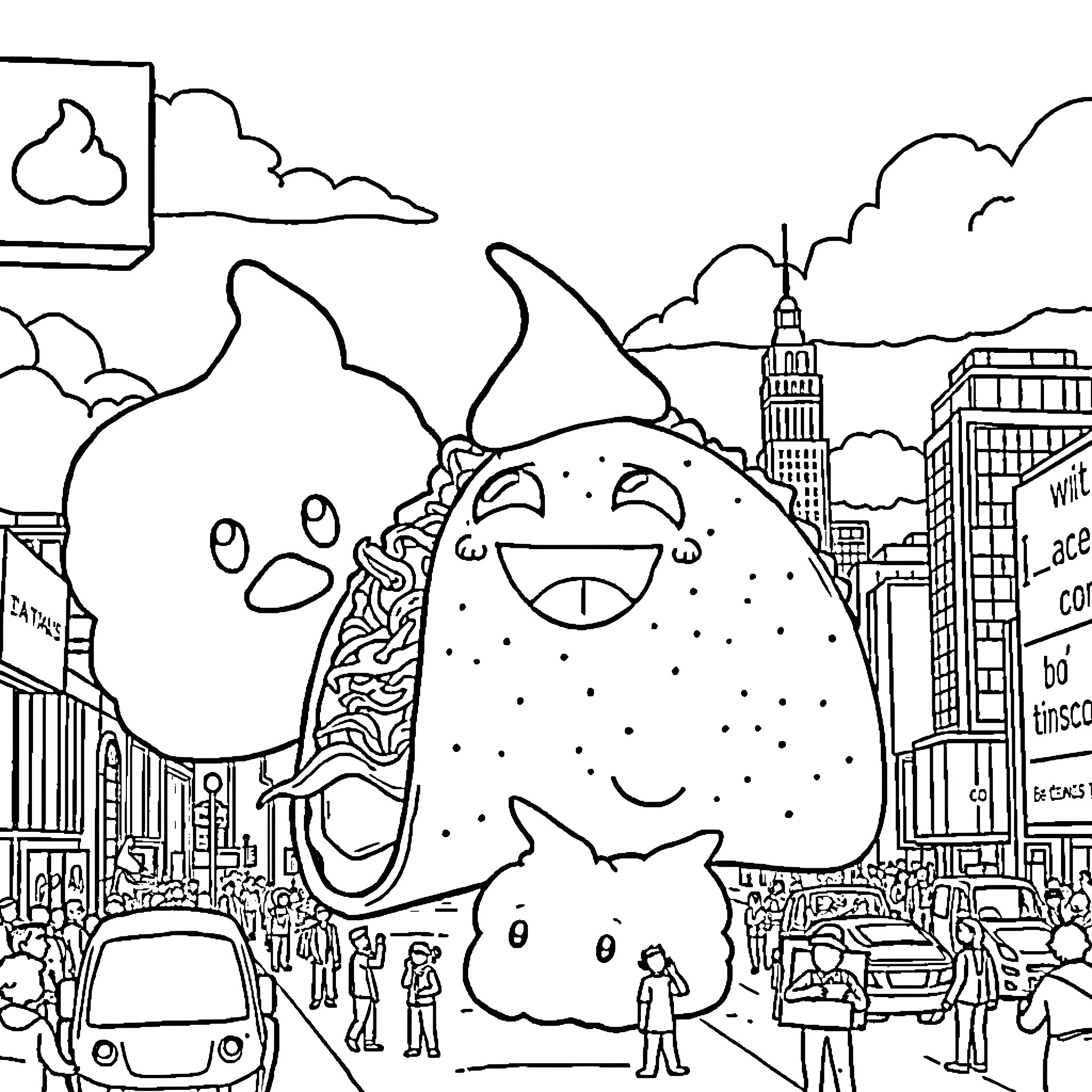 Taco Monsters Roaming the City Streets Coloring Page (free black-and-white line drawing printable PDF for all, from beginners to advanced learners, including children, teens, adults, and seniors)