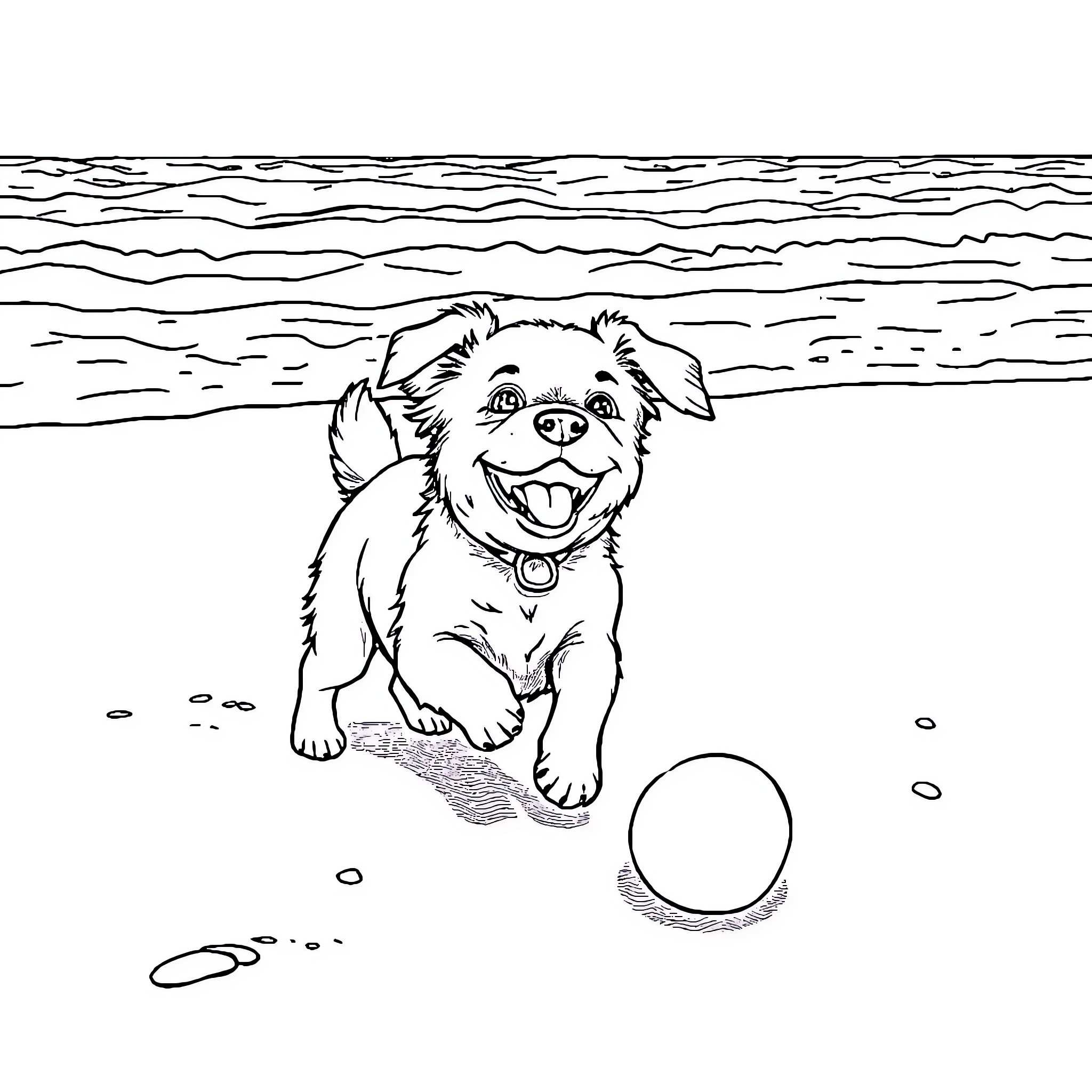 Dog playing with ball on the beach Coloring Page (free black-and-white line drawing printable PDF for all, from beginners to advanced learners, including children, teens, adults, and seniors)