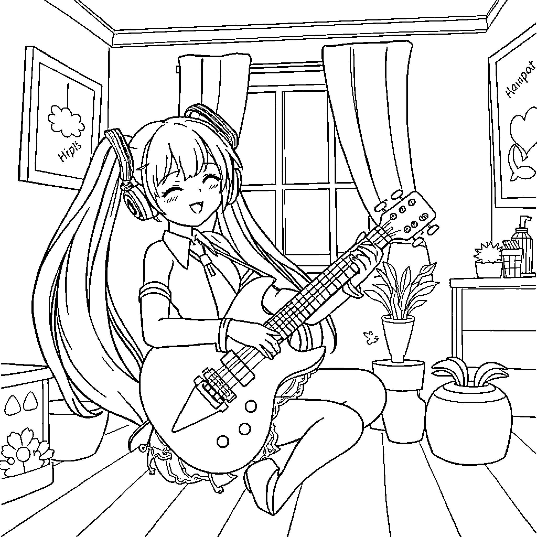 Hatsune Miku playing guitar in cozy bedroom Coloring Page (free black-and-white line drawing printable PDF for all, from beginners to advanced learners, including children, teens, adults, and seniors)