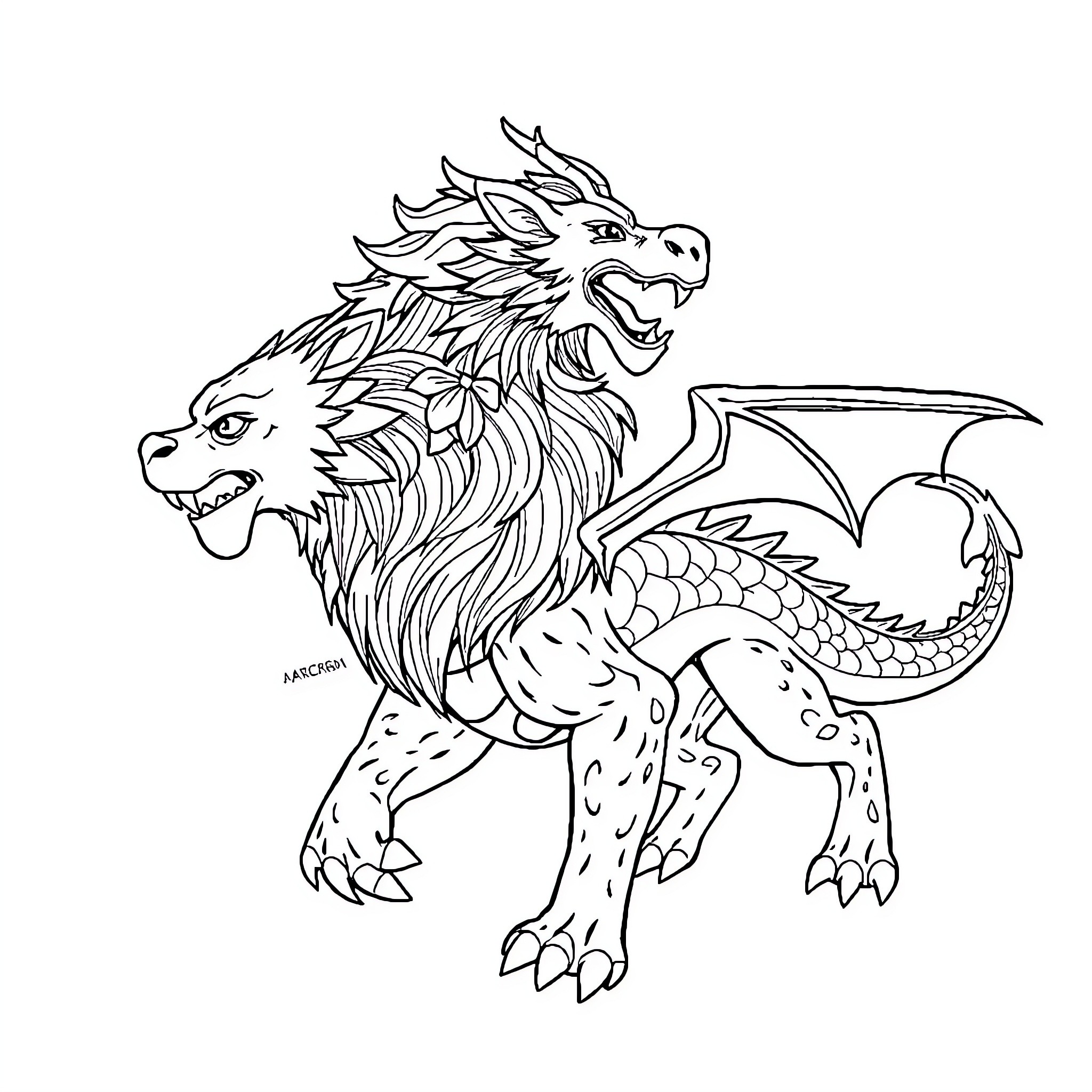 Creature with fierce expression and detailed wings Coloring Page (free black-and-white line drawing printable PDF for all, from beginners to advanced learners, including children, teens, adults, and seniors)