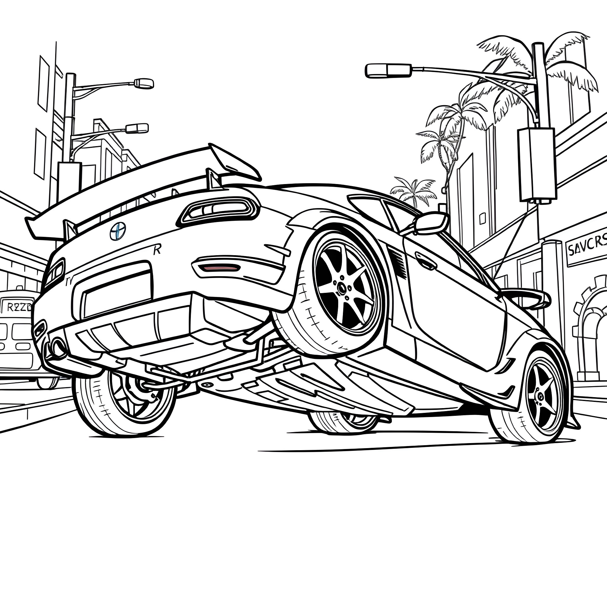 Car racing on city street with palm trees Coloring Page (free black-and-white line drawing printable PDF for all, from beginners to advanced learners, including children, teens, adults, and seniors)