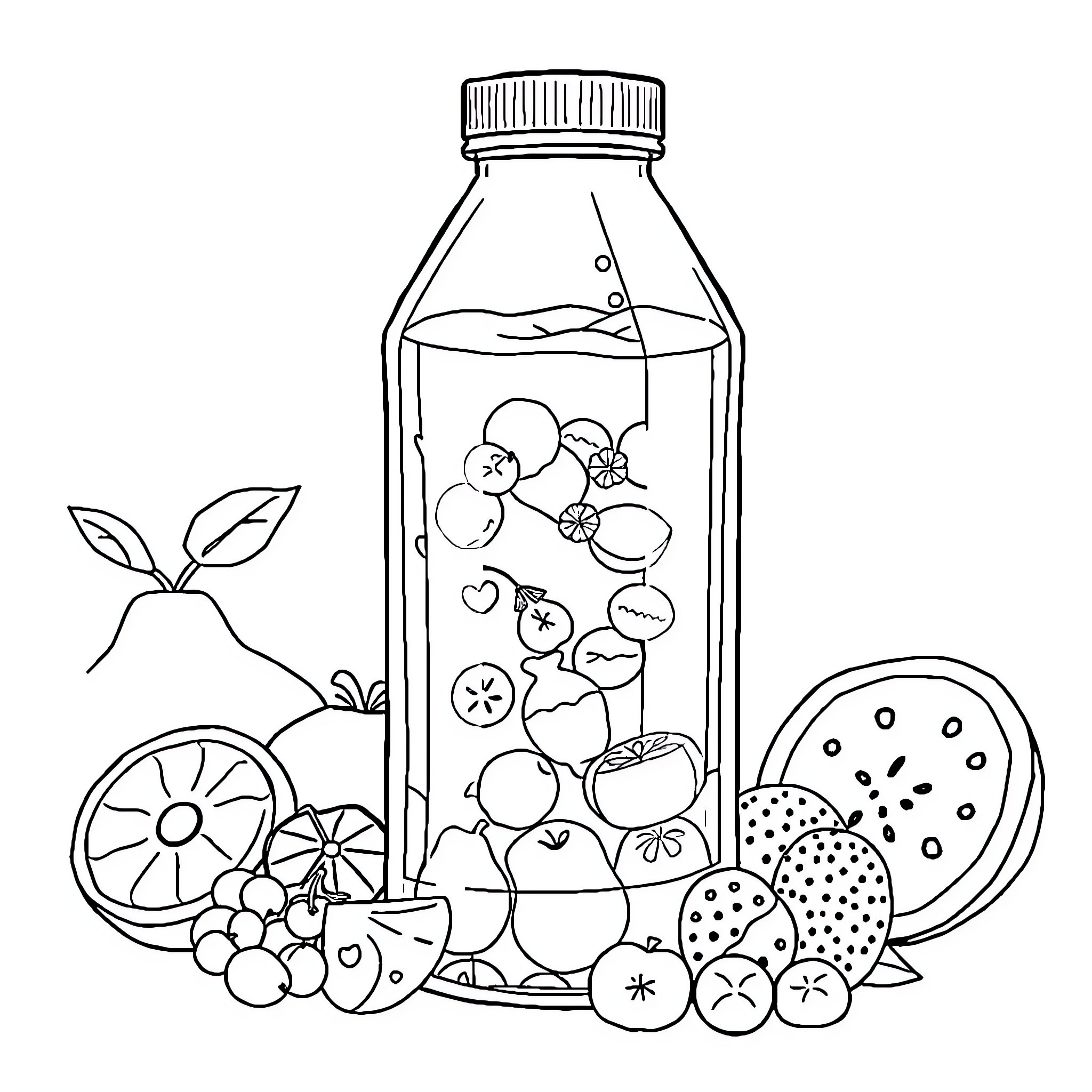 Juice Bottle Filled with Assorted Fruits Coloring Page (free black-and-white line drawing printable PDF for all, from beginners to advanced learners, including children, teens, adults, and seniors)