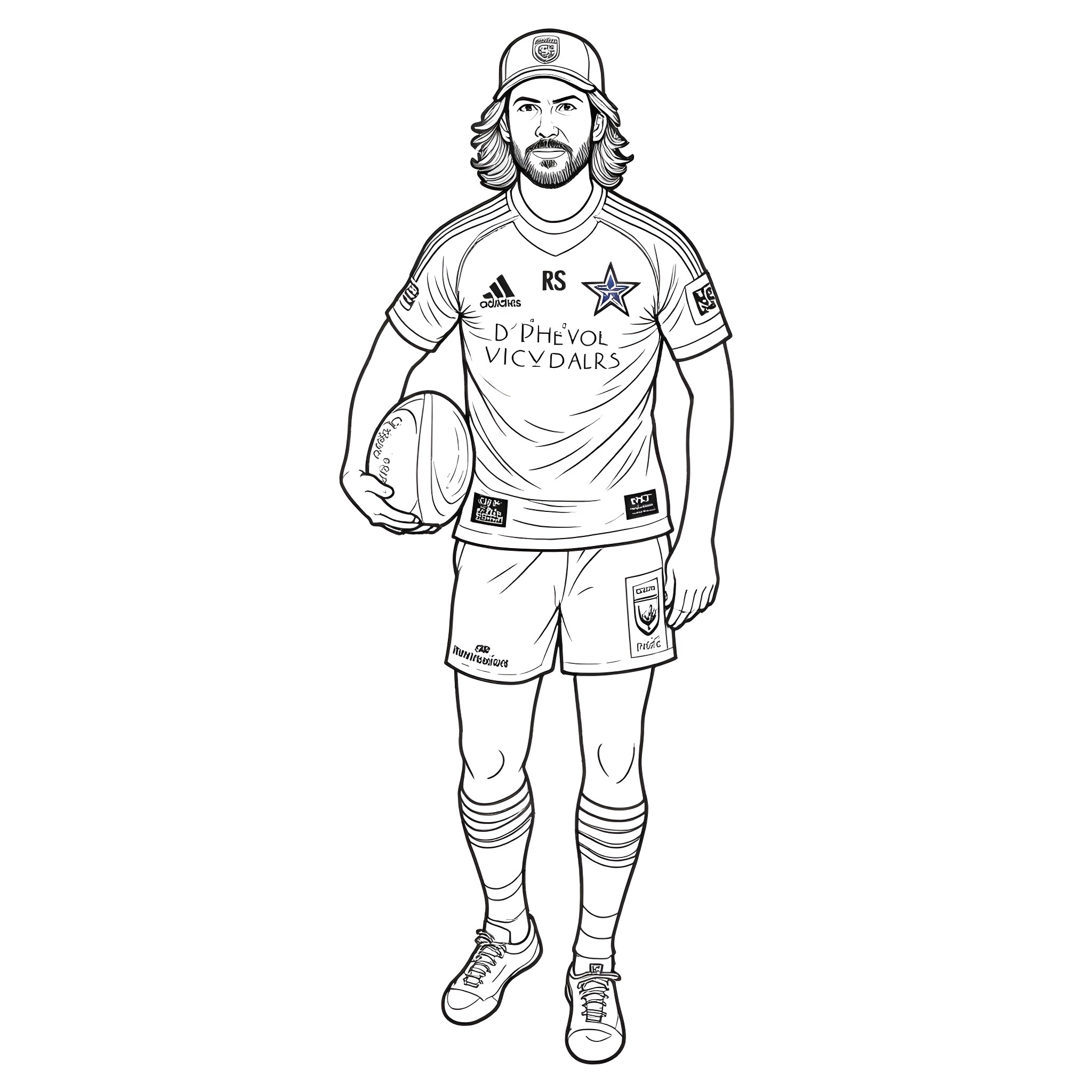 Eddie Vedder in sports uniform holding a ball Coloring Page (free black-and-white line drawing printable PDF for all, from beginners to advanced learners, including children, teens, adults, and seniors)