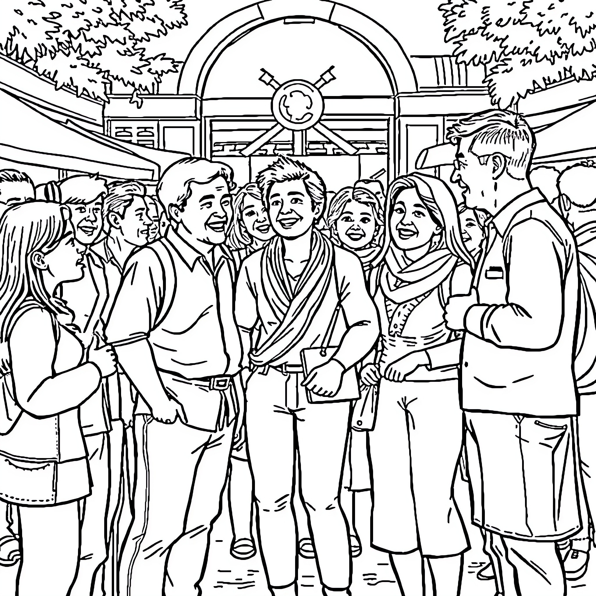 Molandak group of people enjoying a gathering Coloring Page (free black-and-white line drawing printable PDF for all, from beginners to advanced learners, including children, teens, adults, and seniors)