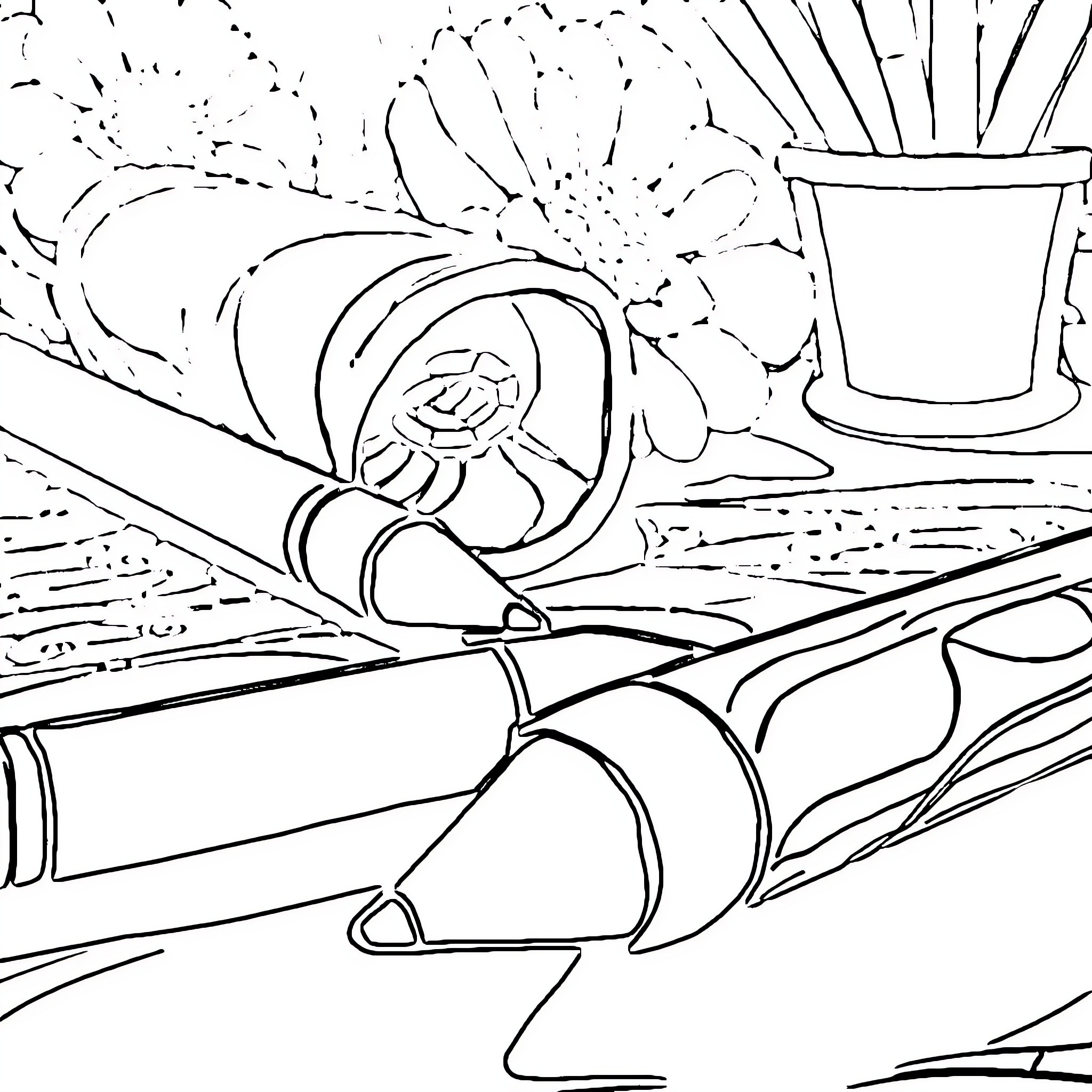 Crayon art supplies on a creative workspace Coloring Page (free black-and-white line drawing printable PDF for all, from beginners to advanced learners, including children, teens, adults, and seniors)