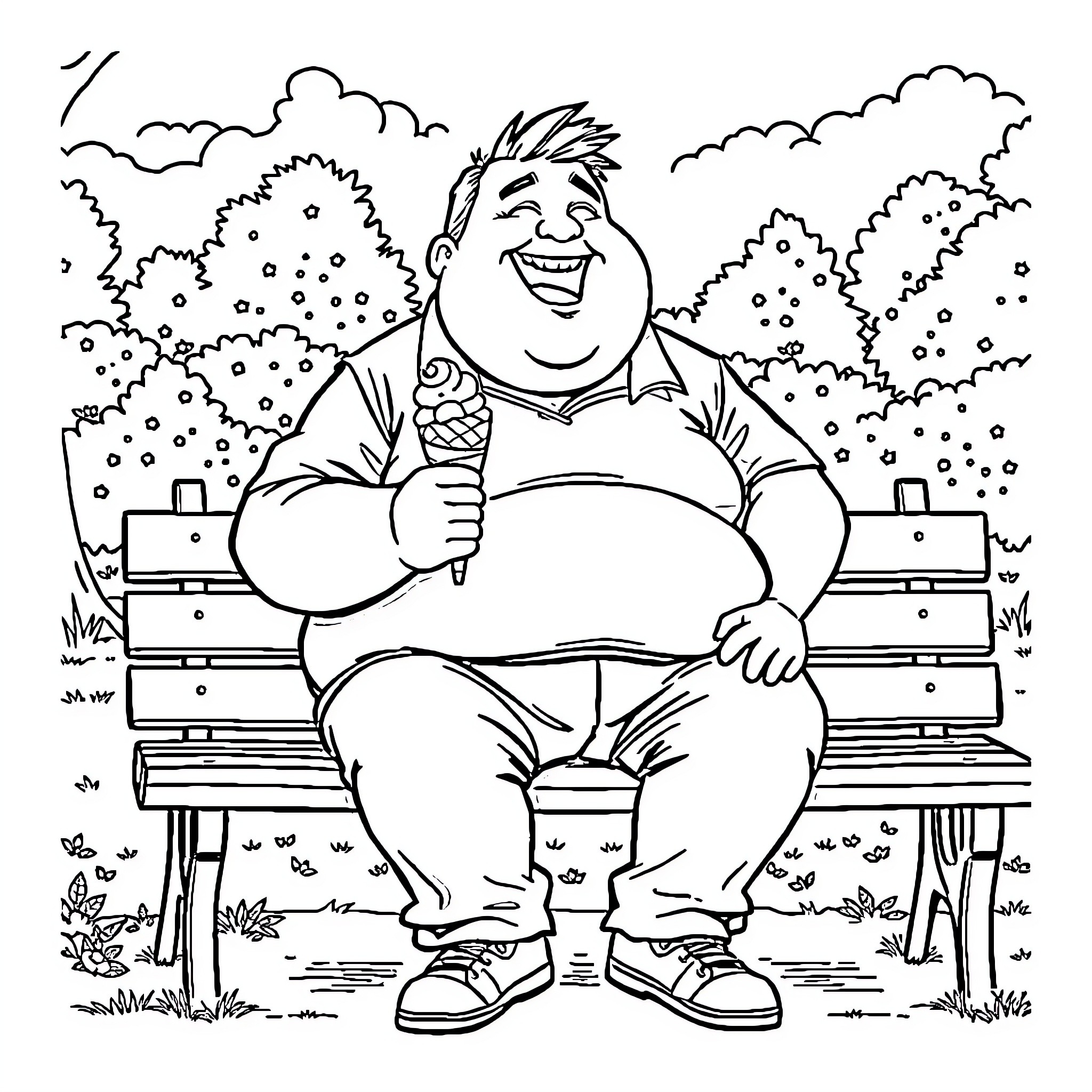 Guy sitting happily on a park bench Coloring Page (free black-and-white line drawing printable PDF for all, from beginners to advanced learners, including children, teens, adults, and seniors)
