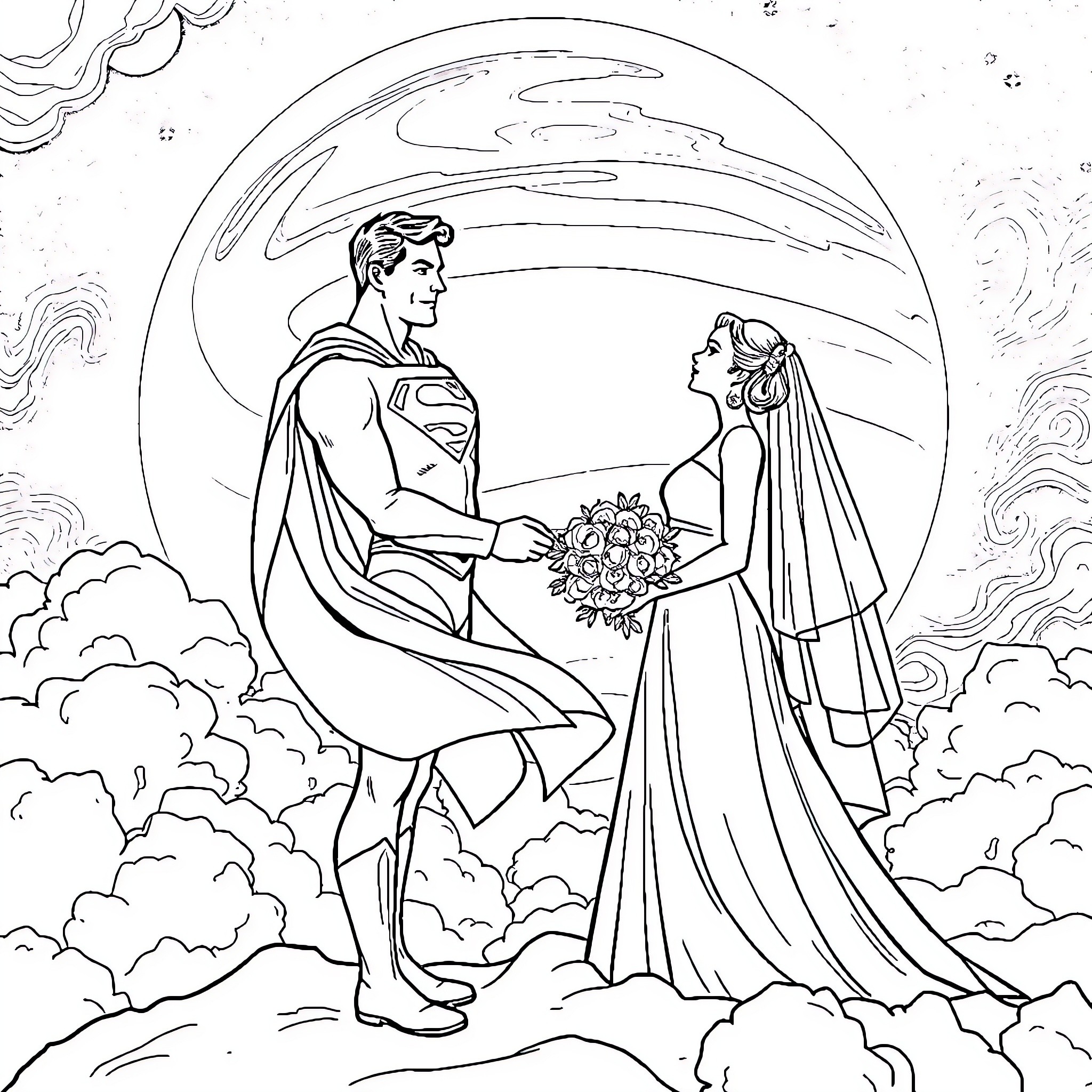 Bantam wedding ceremony in the clouds Coloring Page (free black-and-white line drawing printable PDF for all, from beginners to advanced learners, including children, teens, adults, and seniors)