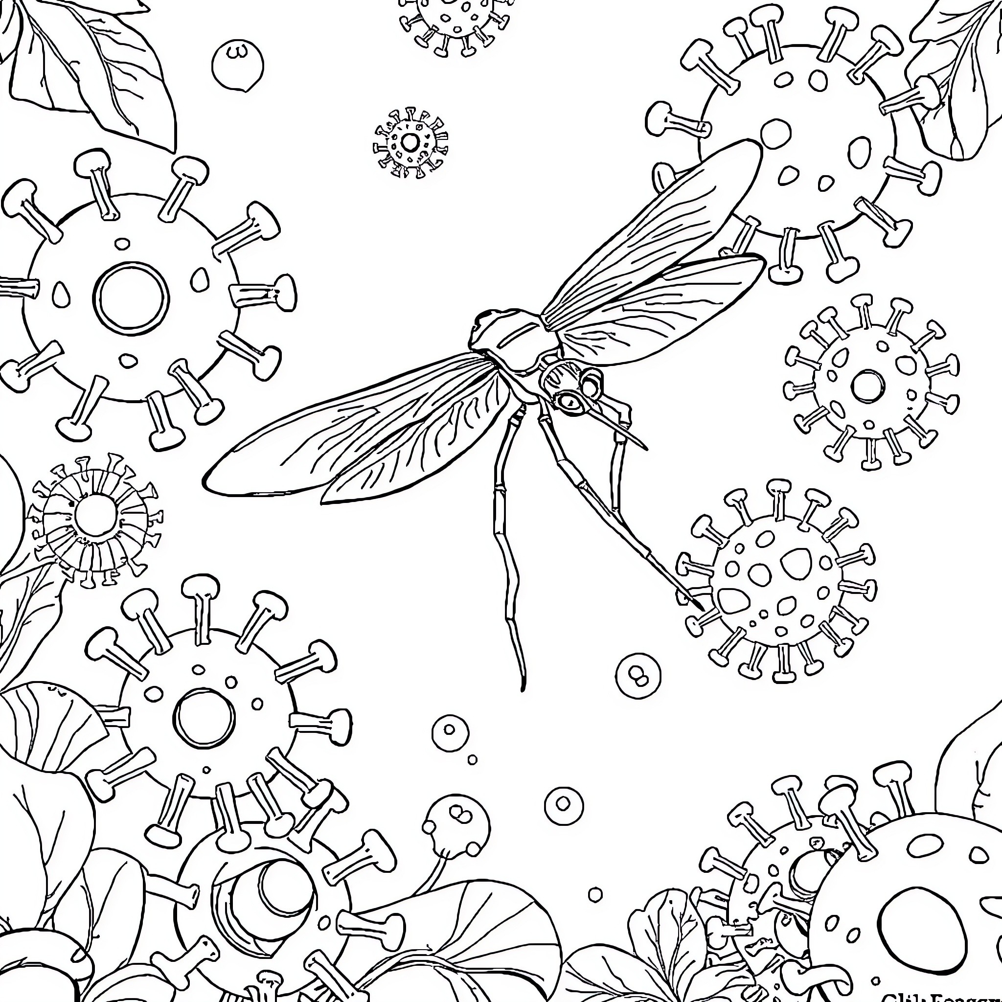 Dengue Fever Outbreak: Dragonfly Struggles Amidst Virus Cells Coloring Page (free black-and-white line drawing printable PDF for all, from beginners to advanced learners, including children, teens, adults, and seniors)