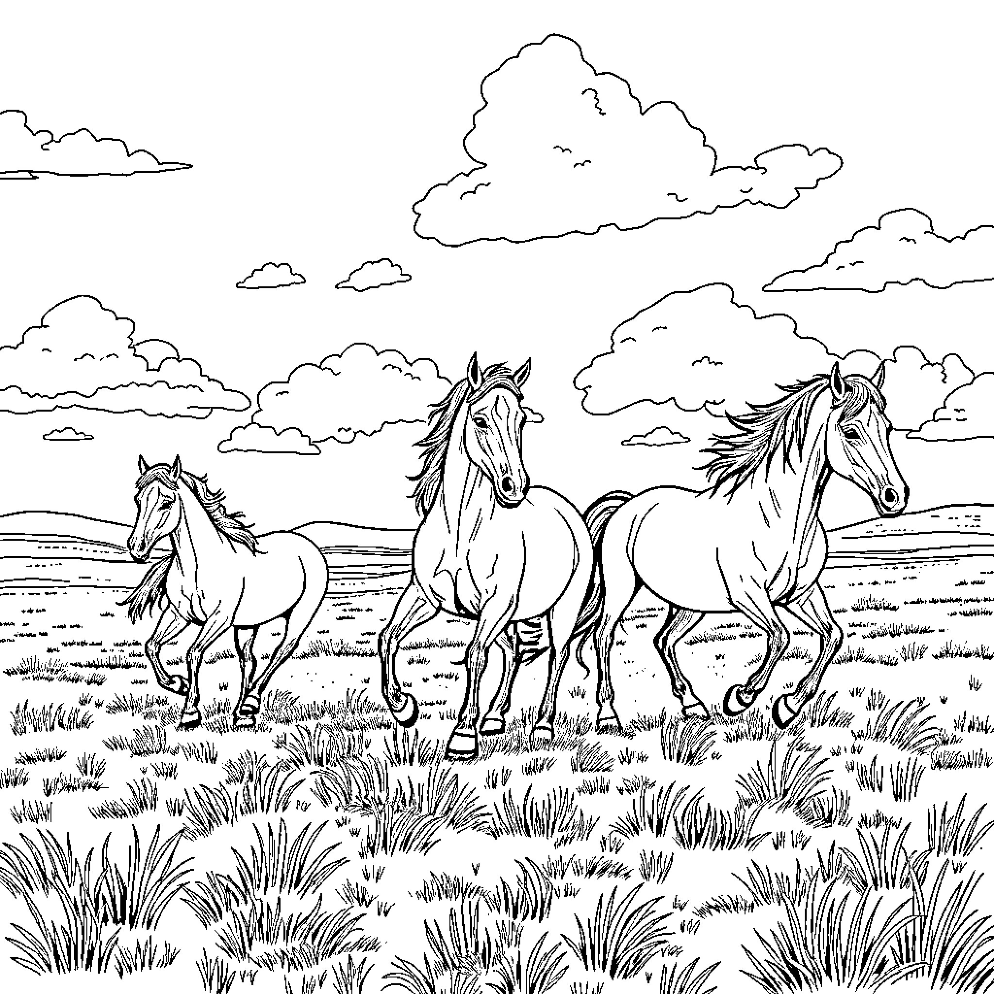 Horse herd galloping through open field Coloring Page (free black-and-white line drawing printable PDF for all, from beginners to advanced learners, including children, teens, adults, and seniors)