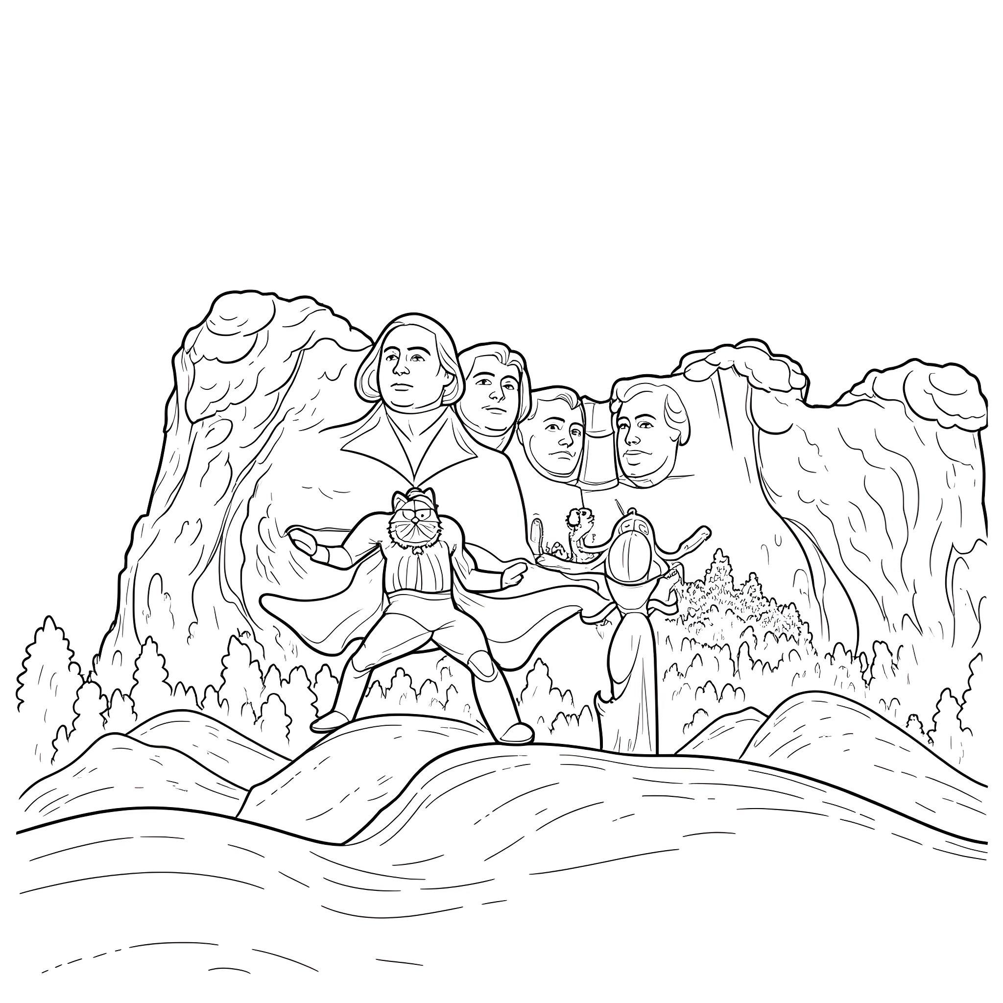 Superman posing with historical figures on Mount Rushmore Coloring Page (free black-and-white line drawing printable PDF for all, from beginners to advanced learners, including children, teens, adults, and seniors)