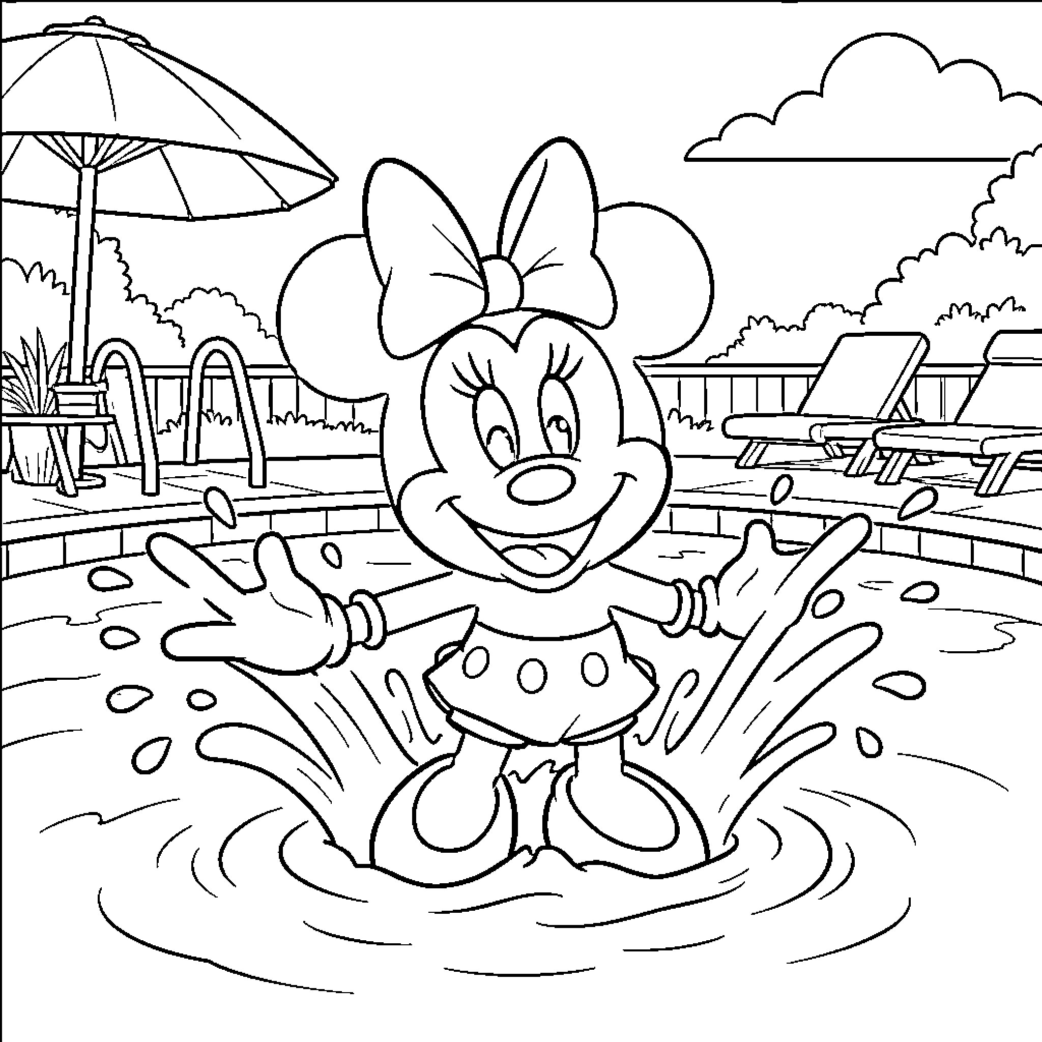 Minnie's Playful Pool Day Coloring Page (free black-and-white line drawing printable PDF for all, from beginners to advanced learners, including children, teens, adults, and seniors)