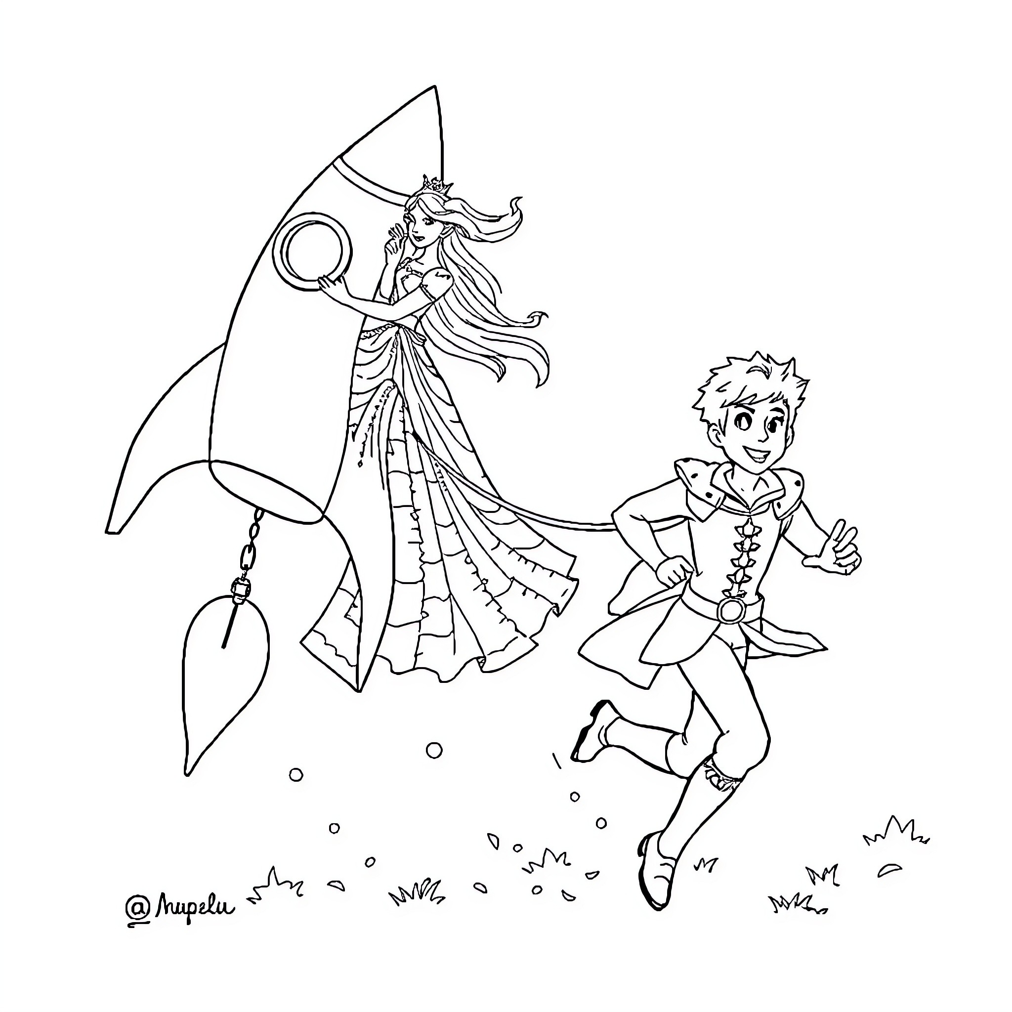 Princess Adventuring with Companion near Spacecraft Coloring Page (free black-and-white line drawing printable PDF for all, from beginners to advanced learners, including children, teens, adults, and seniors)