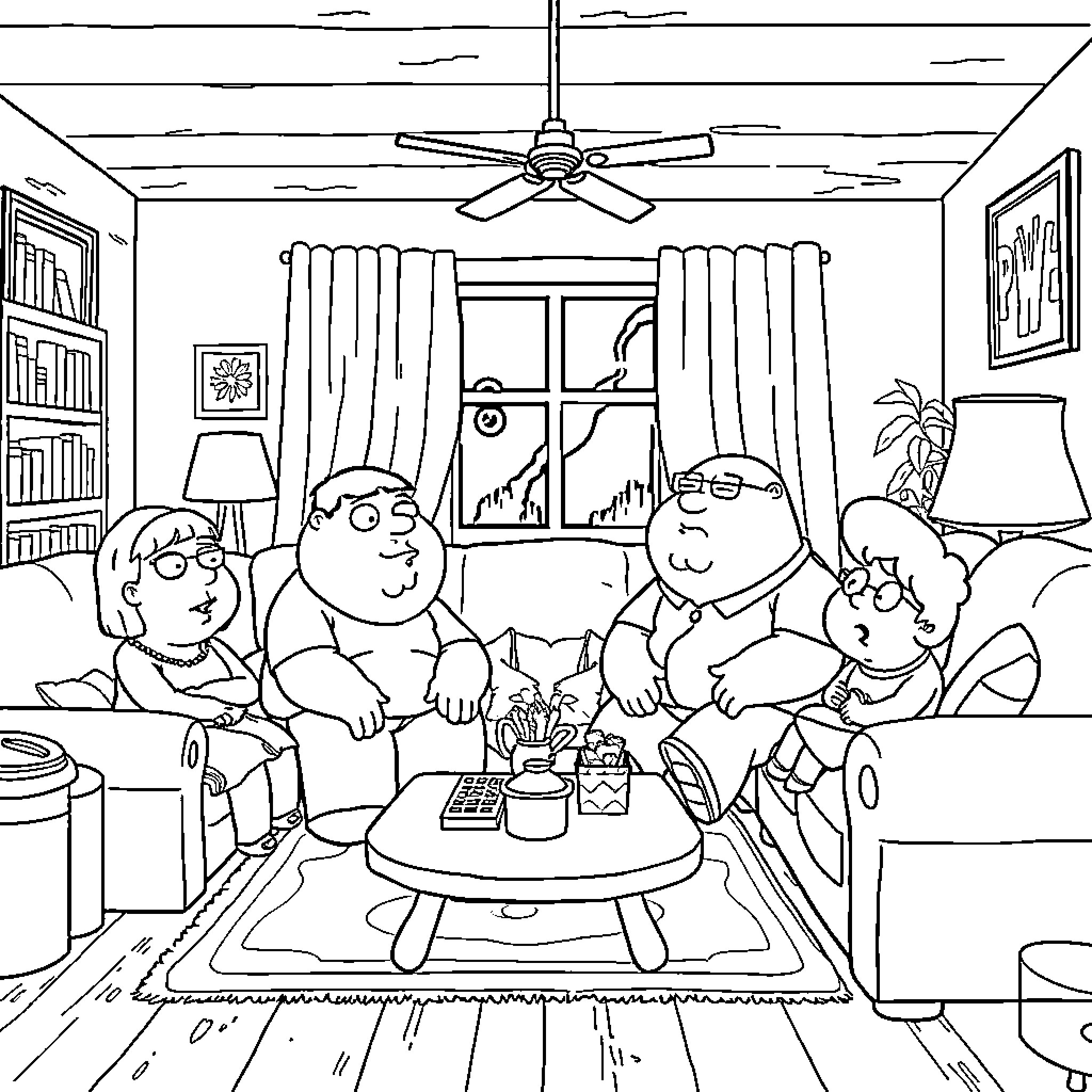 Family Guy characters relaxing together in living room Coloring Page (free black-and-white line drawing printable PDF for all, from beginners to advanced learners, including children, teens, adults, and seniors)