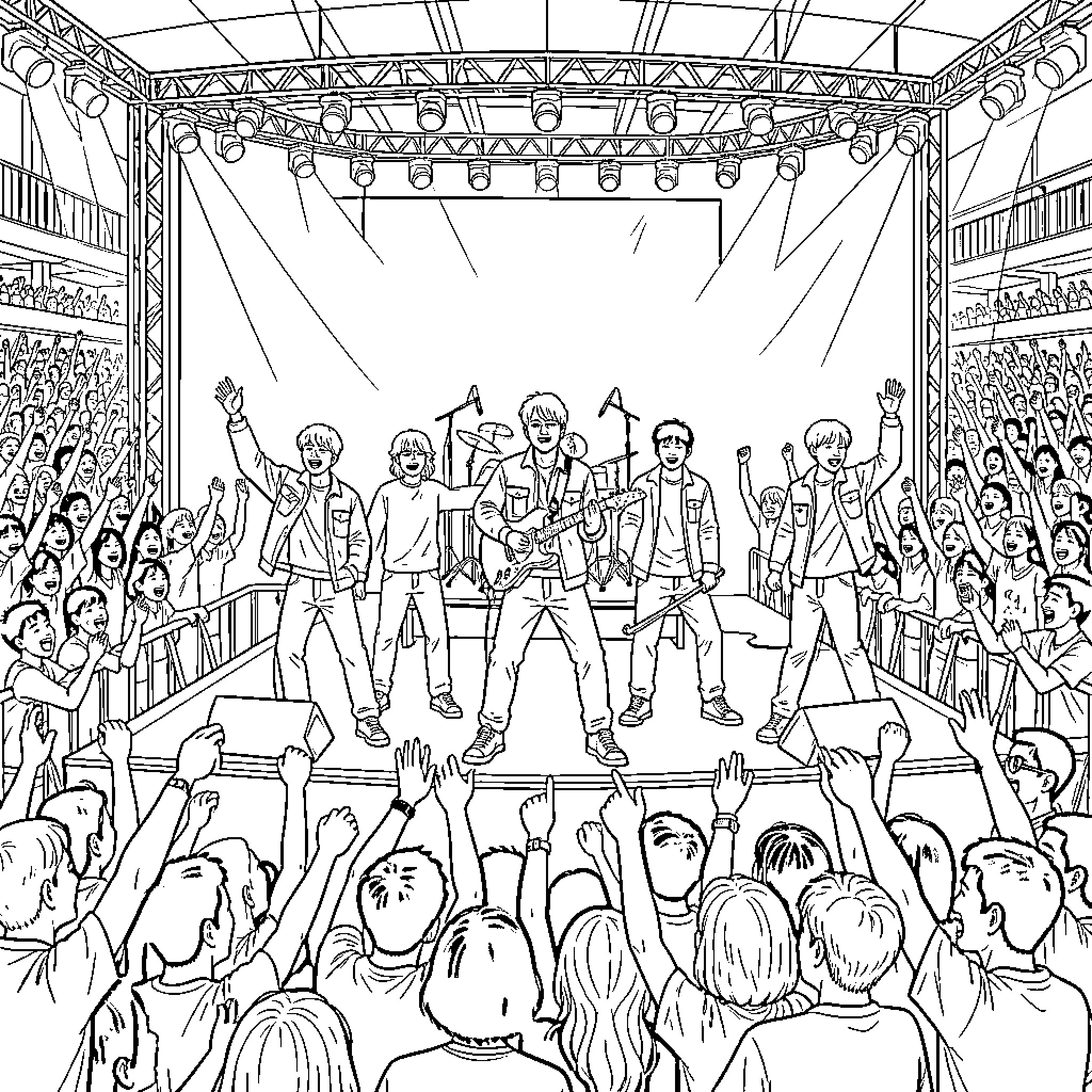 BTS performing energetic songs on a concert stage Coloring Page (free black-and-white line drawing printable PDF for all, from beginners to advanced learners, including children, teens, adults, and seniors)