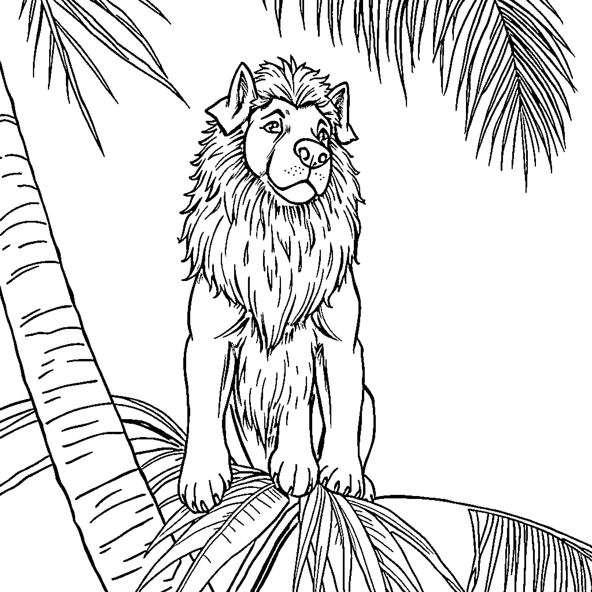 Hund sitting on branch in tropical forest Coloring Page (free black-and-white line drawing printable PDF for all, from beginners to advanced learners, including children, teens, adults, and seniors)