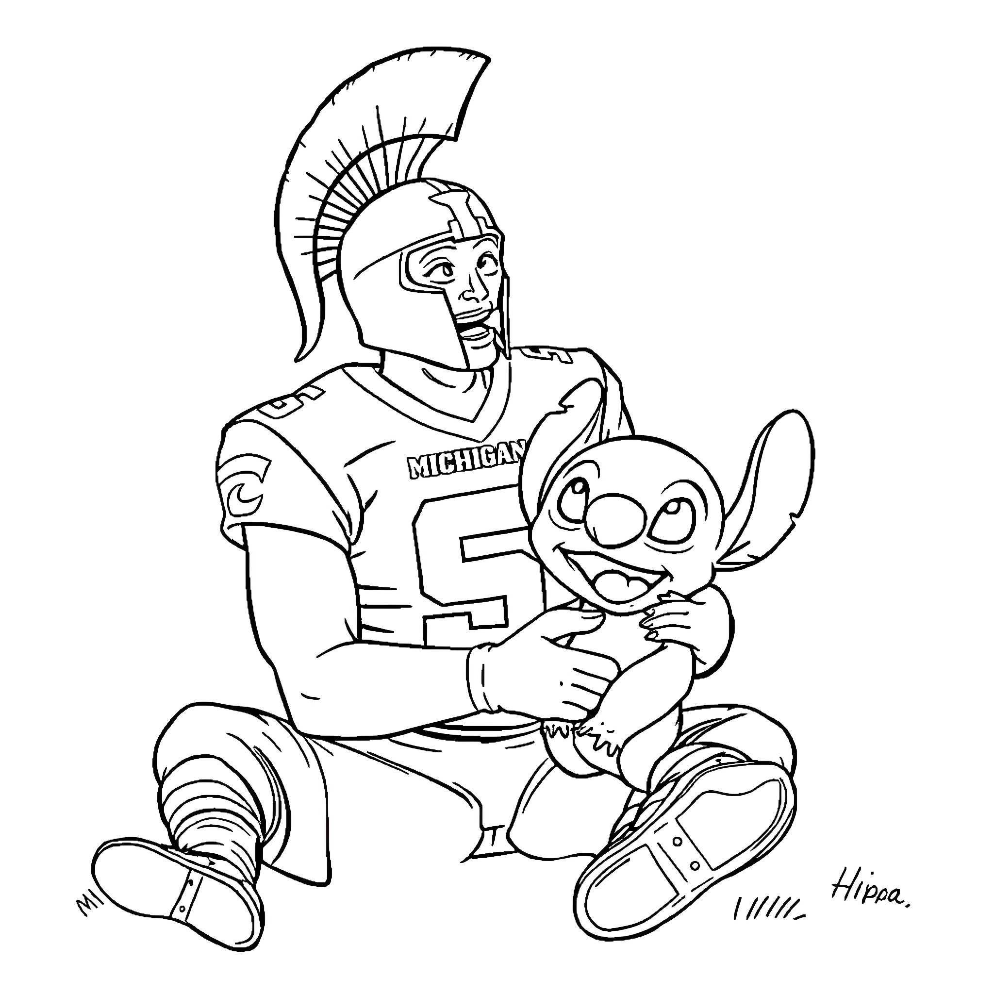 Spartan warrior with a friendly creature Coloring Page (free black-and-white line drawing printable PDF for all, from beginners to advanced learners, including children, teens, adults, and seniors)