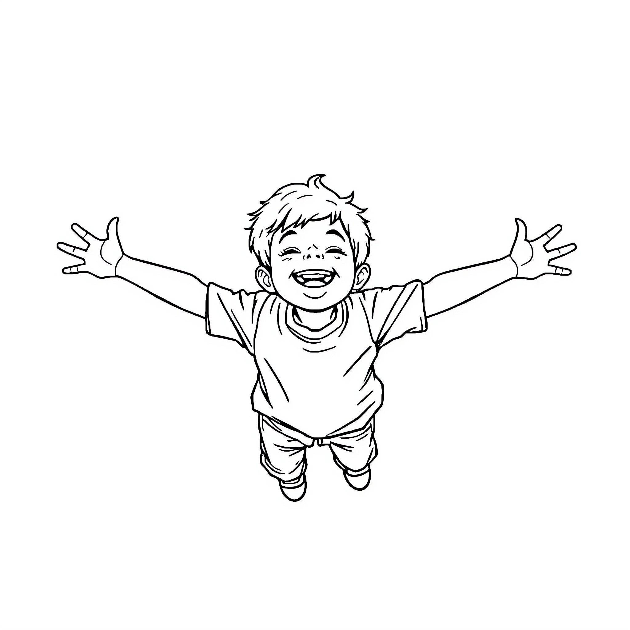 Boy joyfully spreading his arms in excitement Coloring Page (free black-and-white line drawing printable PDF for all, from beginners to advanced learners, including children, teens, adults, and seniors)