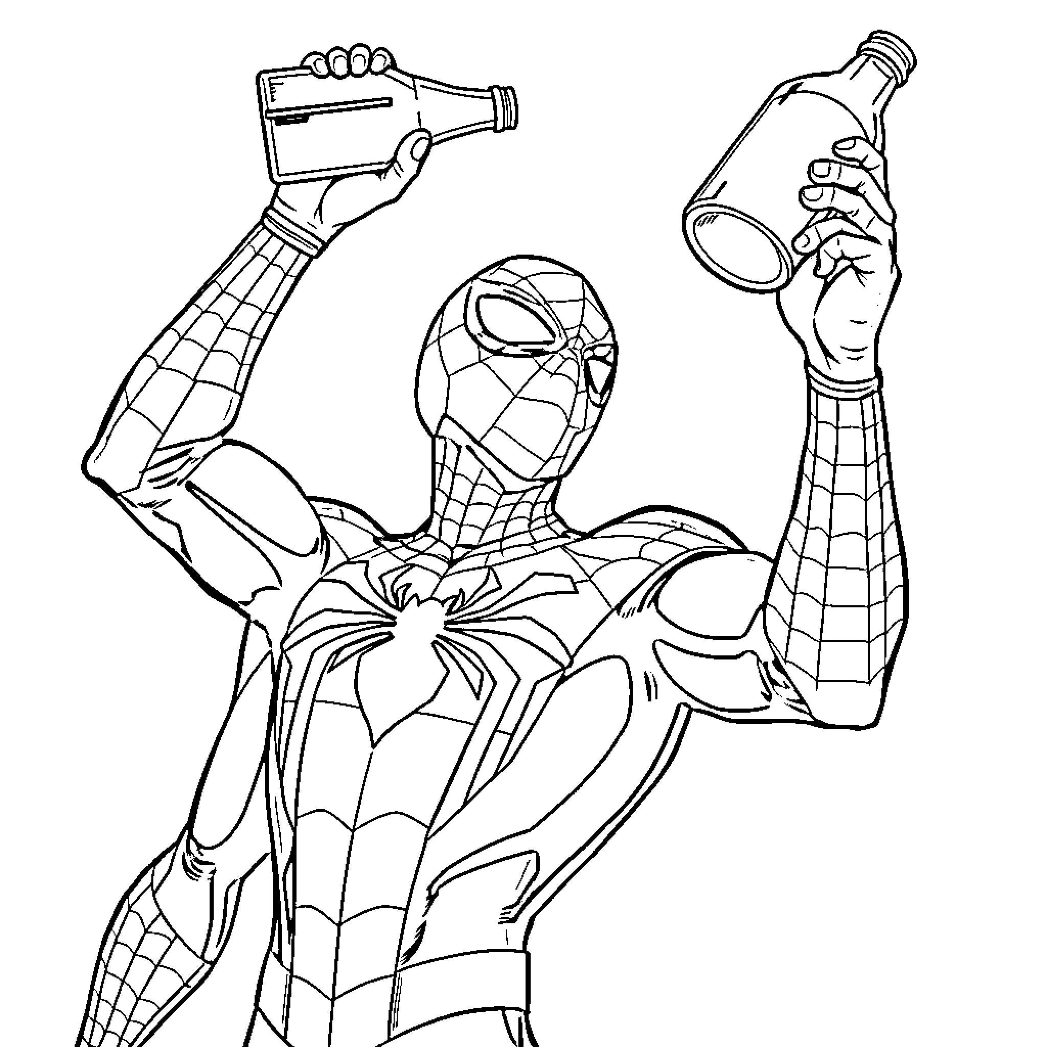 Spider-Man Fighting Villains Coloring Page (free black-and-white line drawing printable PDF for all, from beginners to advanced learners, including children, teens, adults, and seniors)