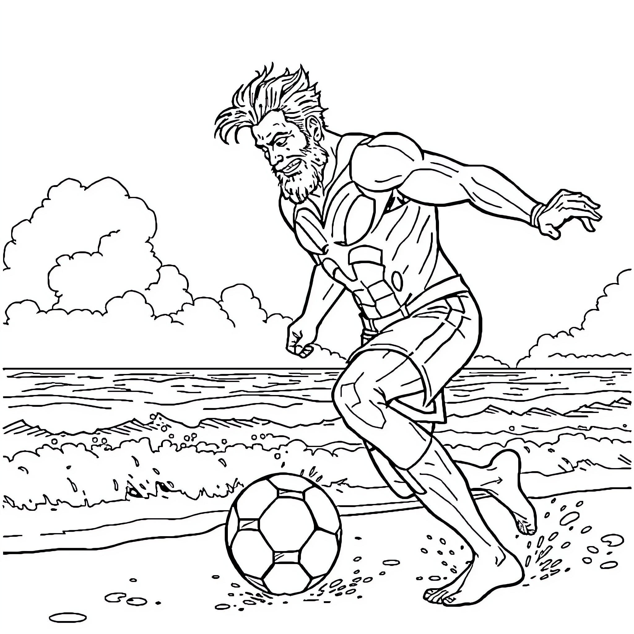 Aquaman playing soccer on the beach Coloring Page (free black-and-white line drawing printable PDF for all, from beginners to advanced learners, including children, teens, adults, and seniors)