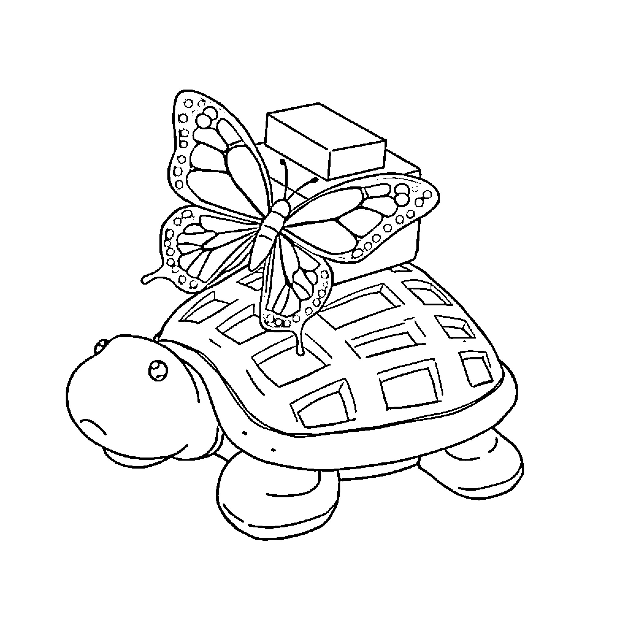 Butterfly on Geometric Tortoise Coloring Page (free black-and-white line drawing printable PDF for all, from beginners to advanced learners, including children, teens, adults, and seniors)