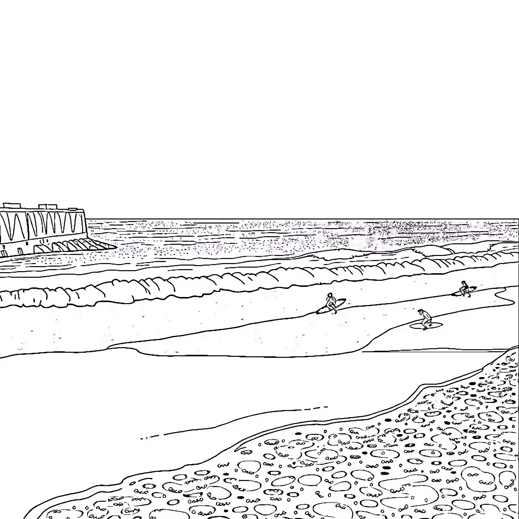 Bondi Beach scene with surfers and coastal landscape Coloring Page (free black-and-white line drawing printable PDF for all, from beginners to advanced learners, including children, teens, adults, and seniors)