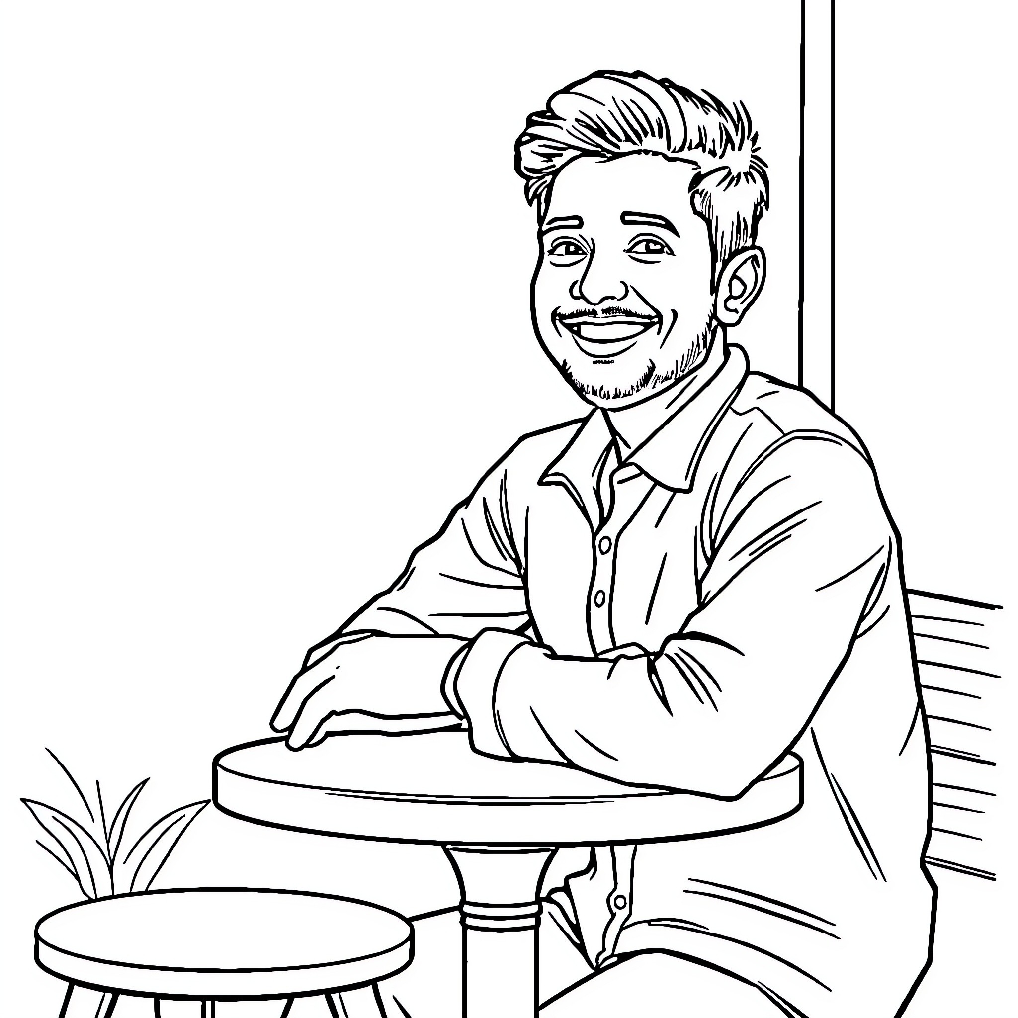Mahesh relaxes with a friendly smile Coloring Page (free black-and-white line drawing printable PDF for all, from beginners to advanced learners, including children, teens, adults, and seniors)