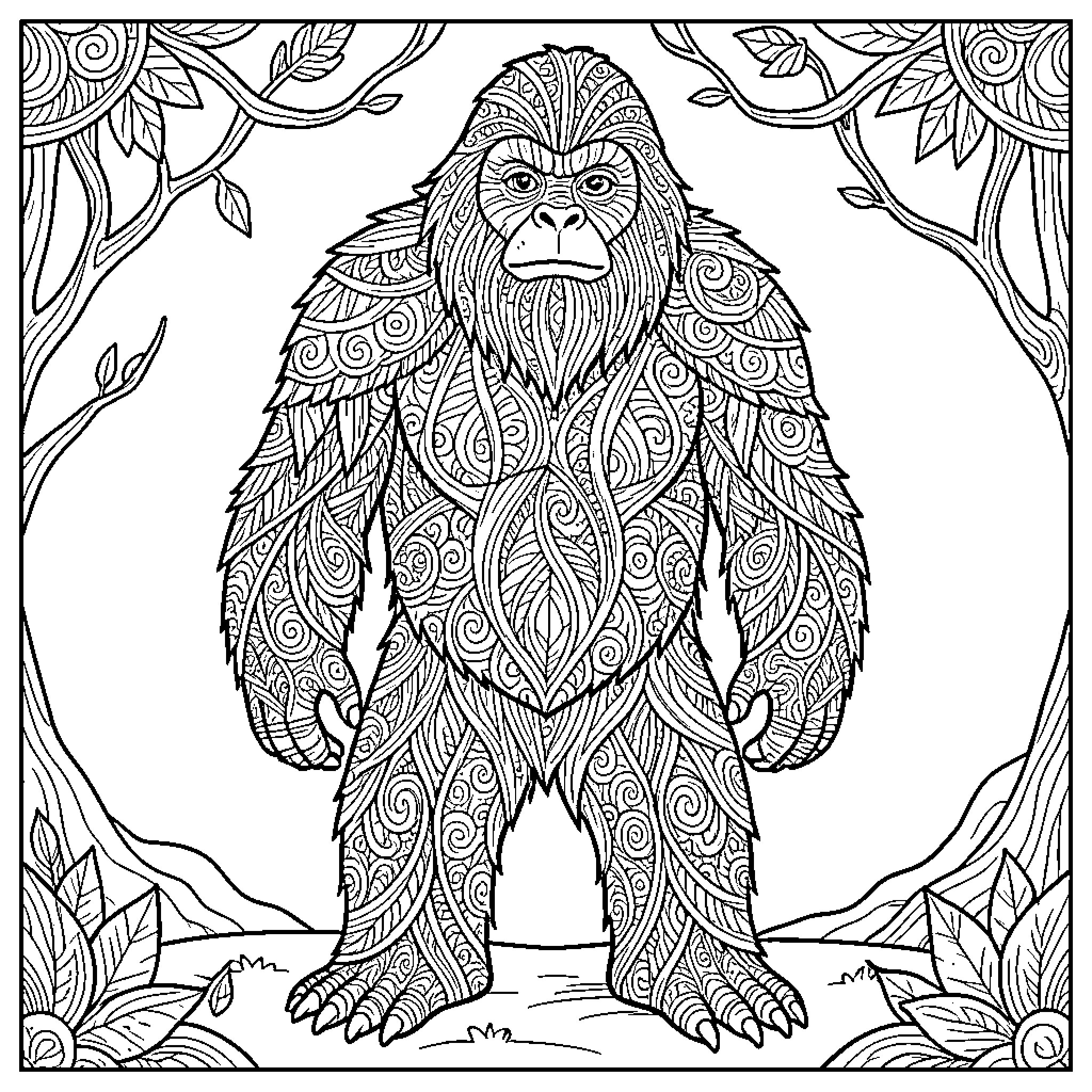 Sasquatch in the Enchanted Forest Coloring Page (free black-and-white line drawing printable PDF for all, from beginners to advanced learners, including children, teens, adults, and seniors)