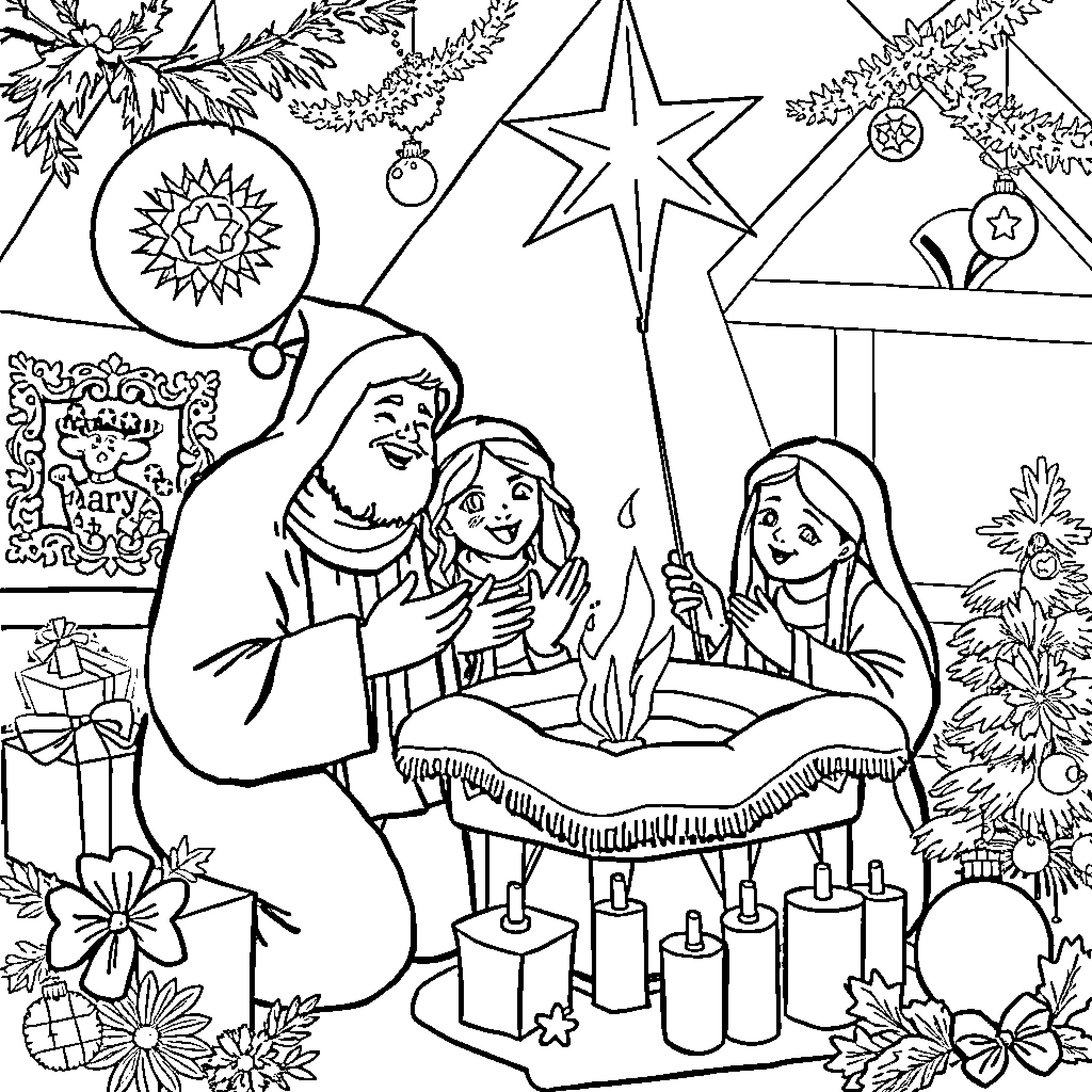 Christmas Celebration with Family and Nativity Scene Coloring Page (free black-and-white line drawing printable PDF for all, from beginners to advanced learners, including children, teens, adults, and seniors)