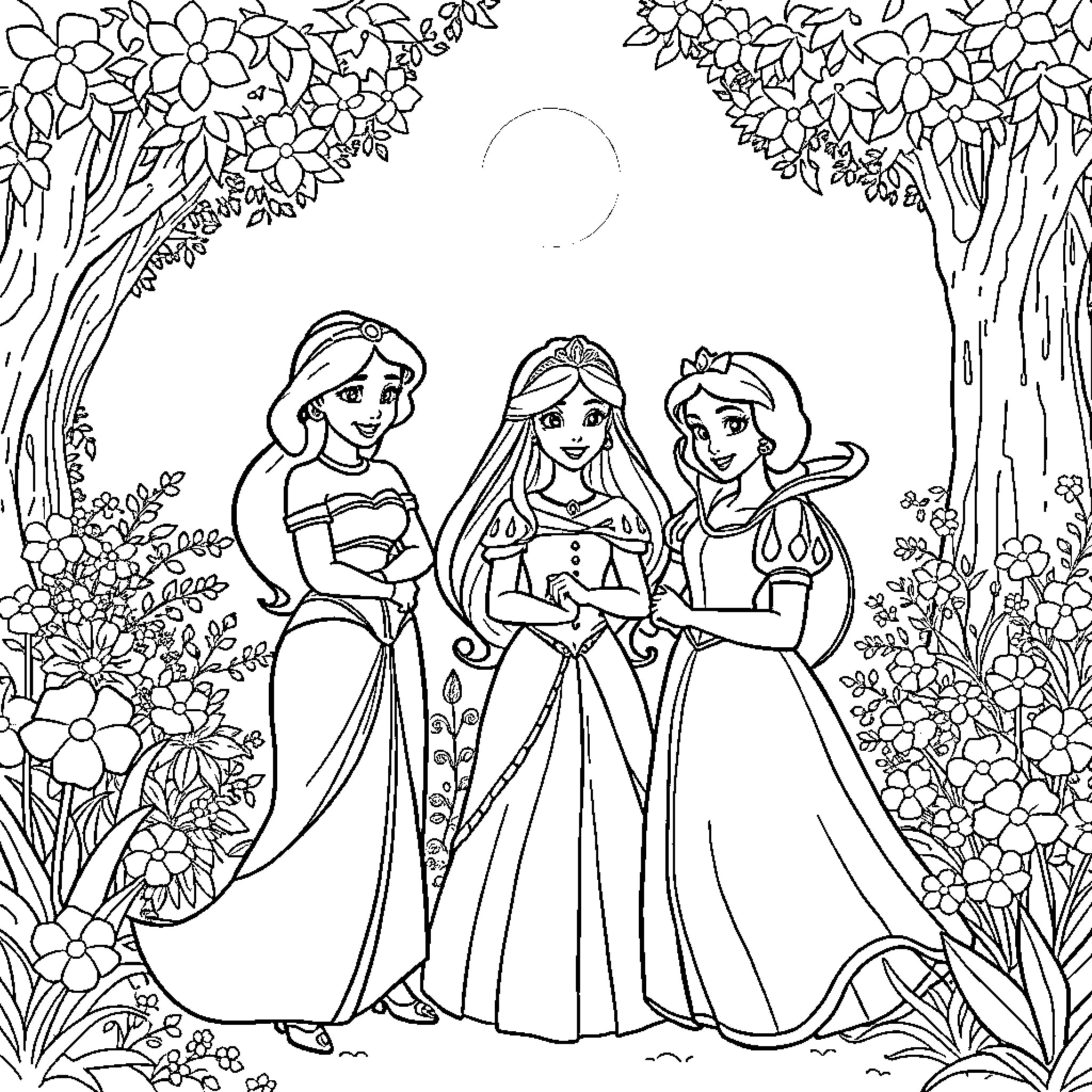 Jasmine and her friends in a magical forest Coloring Page (free black-and-white line drawing printable PDF for all, from beginners to advanced learners, including children, teens, adults, and seniors)