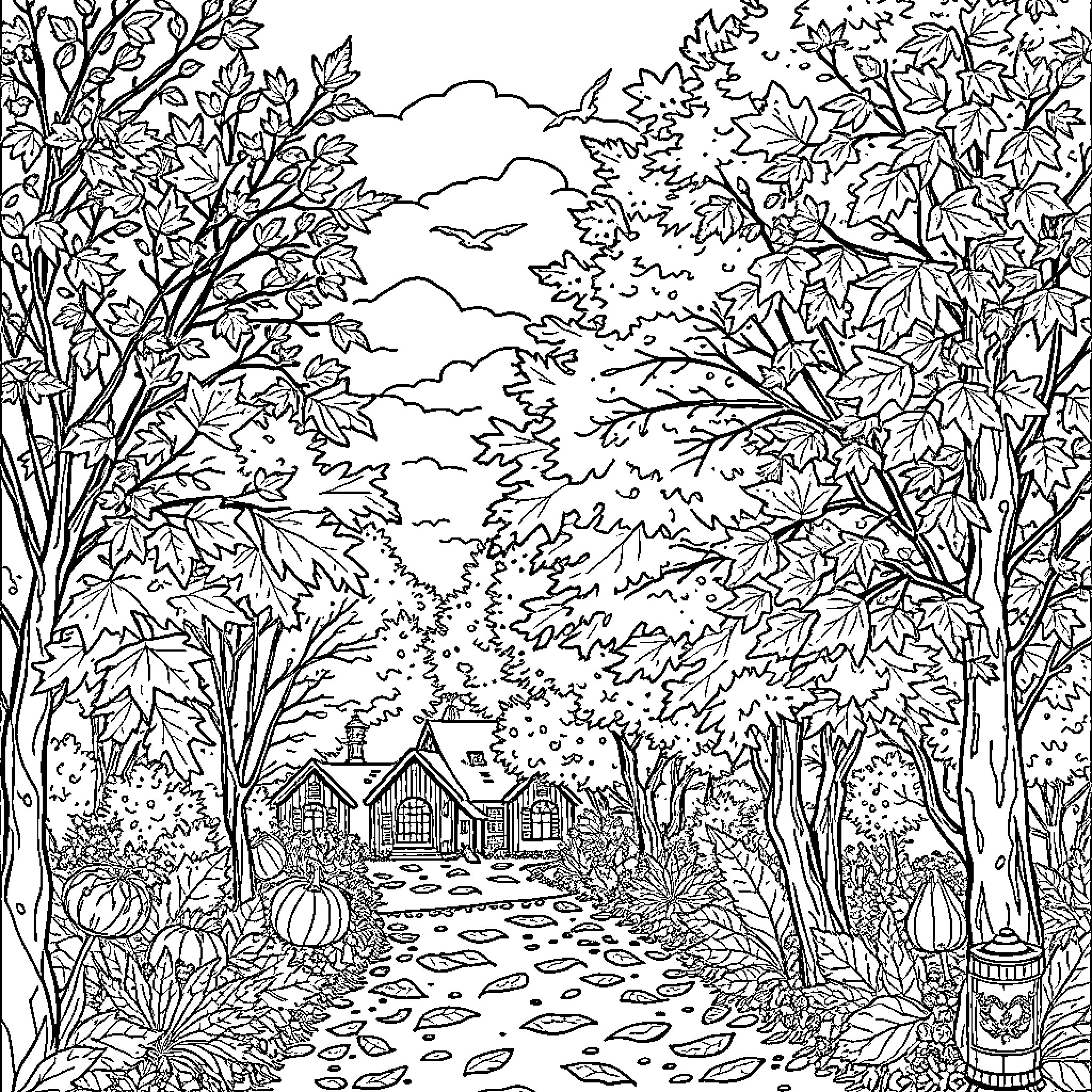 Autumn Scene of Cozy Cottage Surrounded by Foliage Coloring Page (free black-and-white line drawing printable PDF for all, from beginners to advanced learners, including children, teens, adults, and seniors)