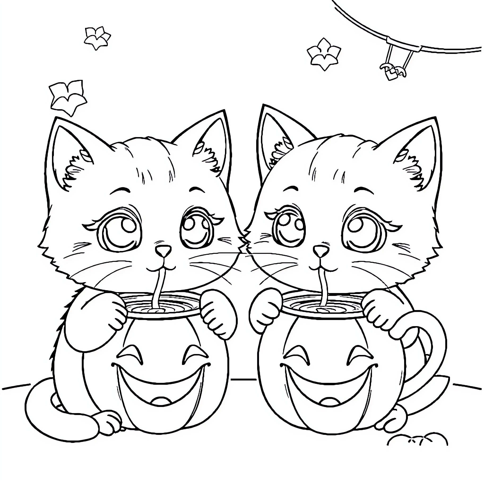Cat friends enjoying drinks together Coloring Page (free black-and-white line drawing printable PDF for all, from beginners to advanced learners, including children, teens, adults, and seniors)