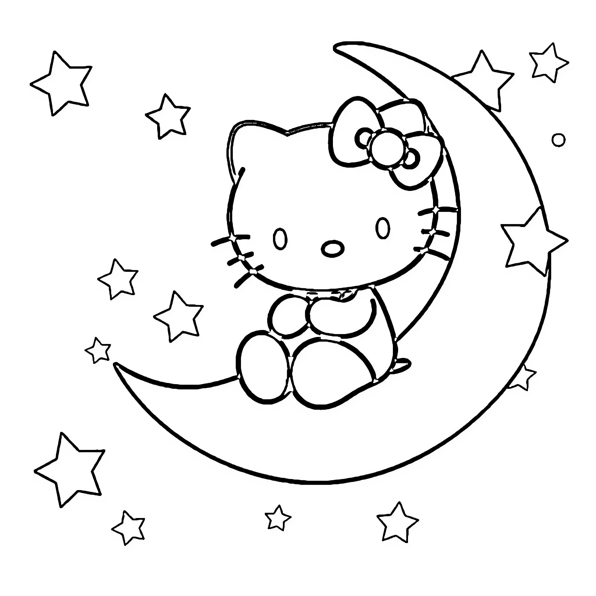 Hello Kitty relaxing on the moon with stars Coloring Page (free black-and-white line drawing printable PDF for all, from beginners to advanced learners, including children, teens, adults, and seniors)