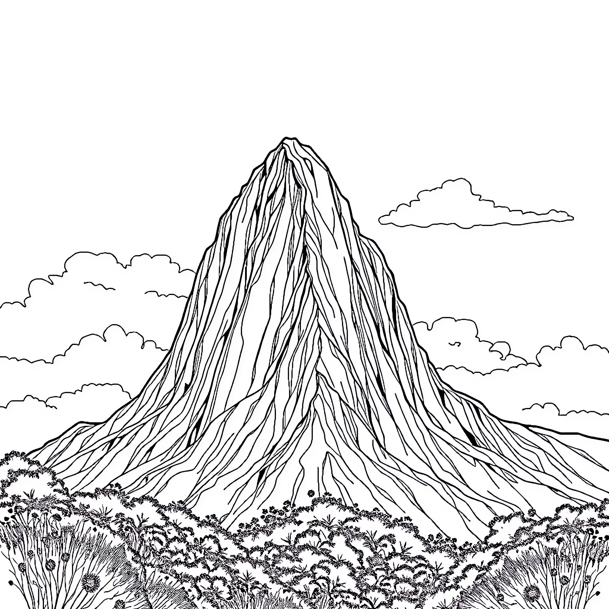 Mountain landscape with clouds and vegetation Coloring Page (free black-and-white line drawing printable PDF for all, from beginners to advanced learners, including children, teens, adults, and seniors)