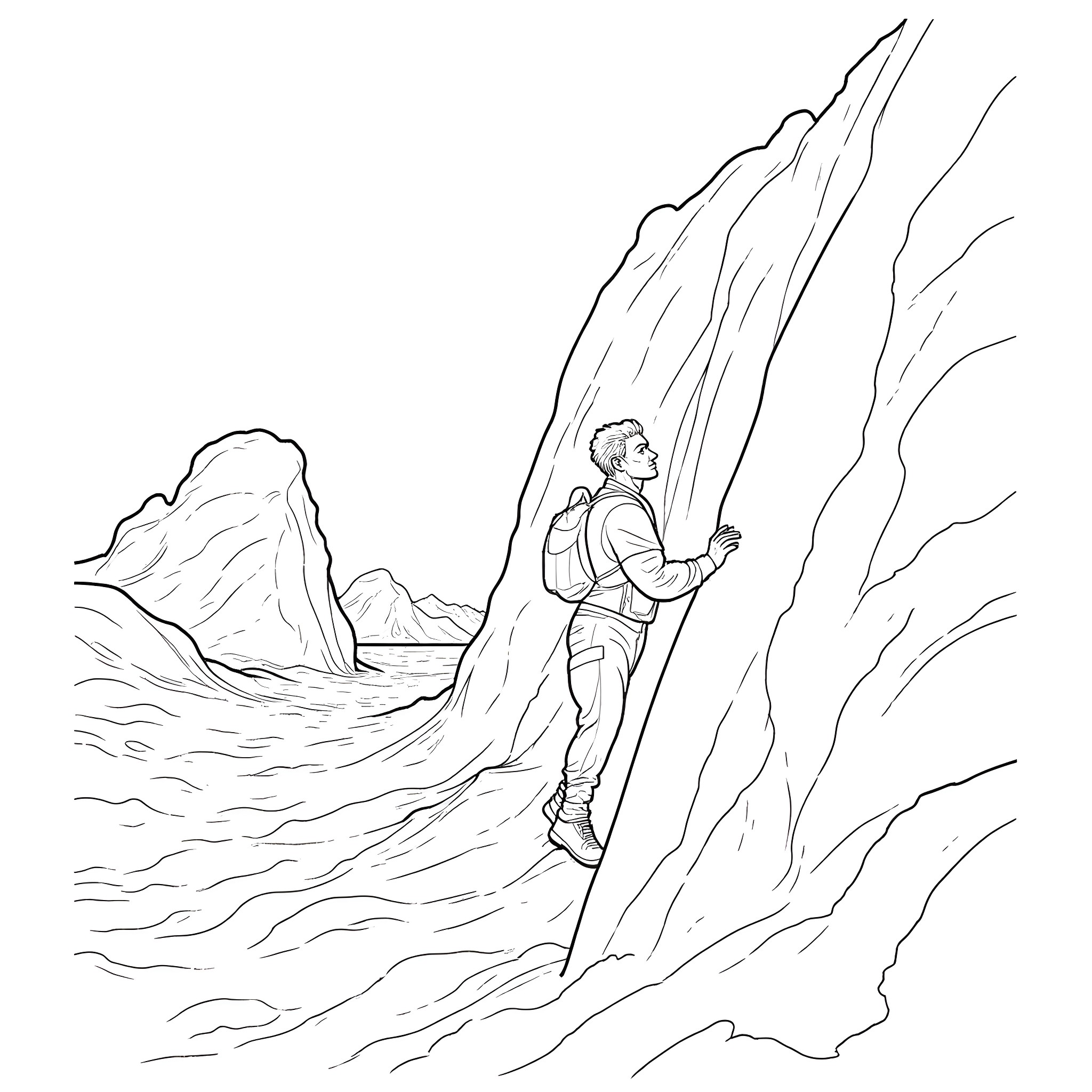 Man Climbing Rugged Mountain Terrain Coloring Page (free black-and-white line drawing printable PDF for all, from beginners to advanced learners, including children, teens, adults, and seniors)