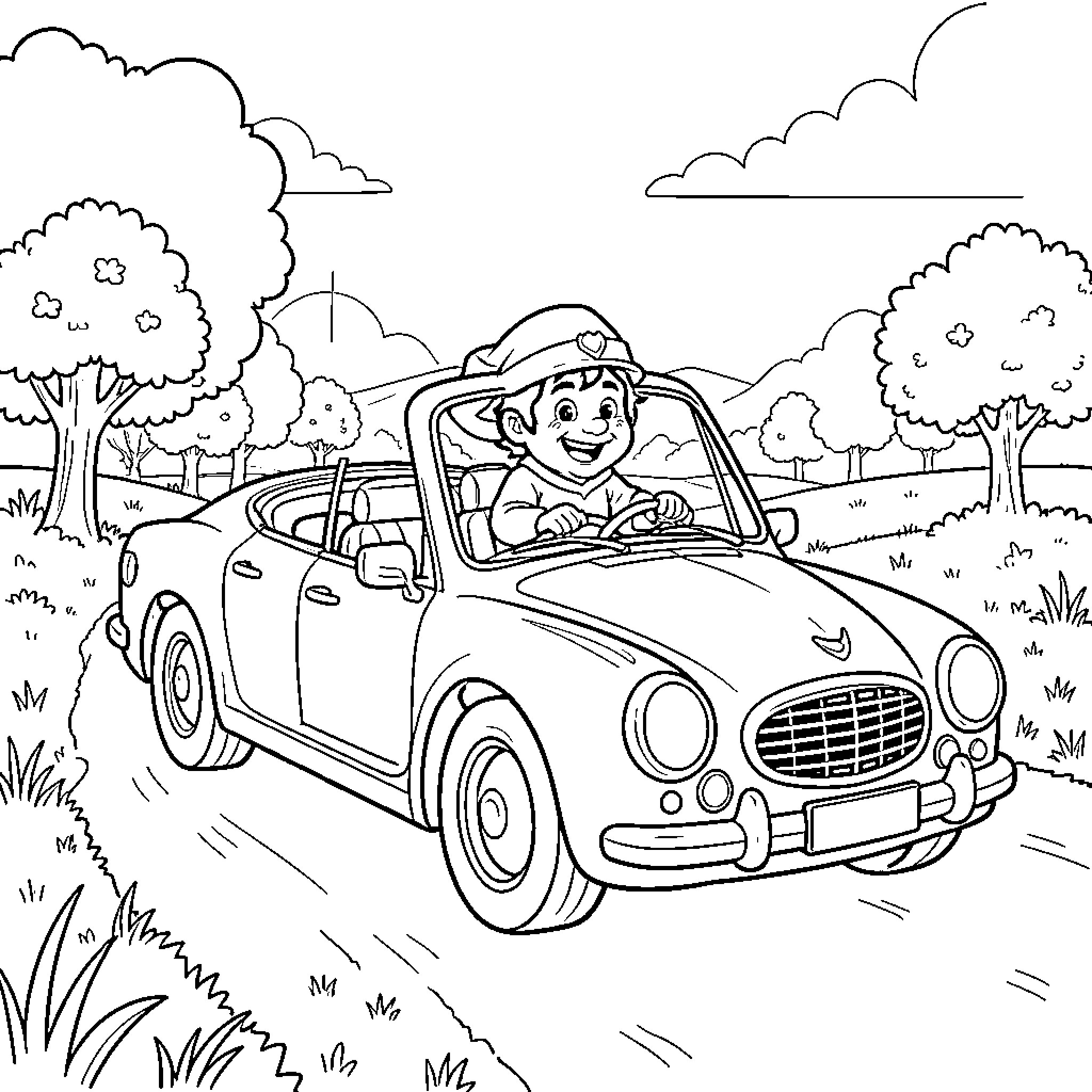 Duende driving happily in a retro car Coloring Page (free black-and-white line drawing printable PDF for all, from beginners to advanced learners, including children, teens, adults, and seniors)
