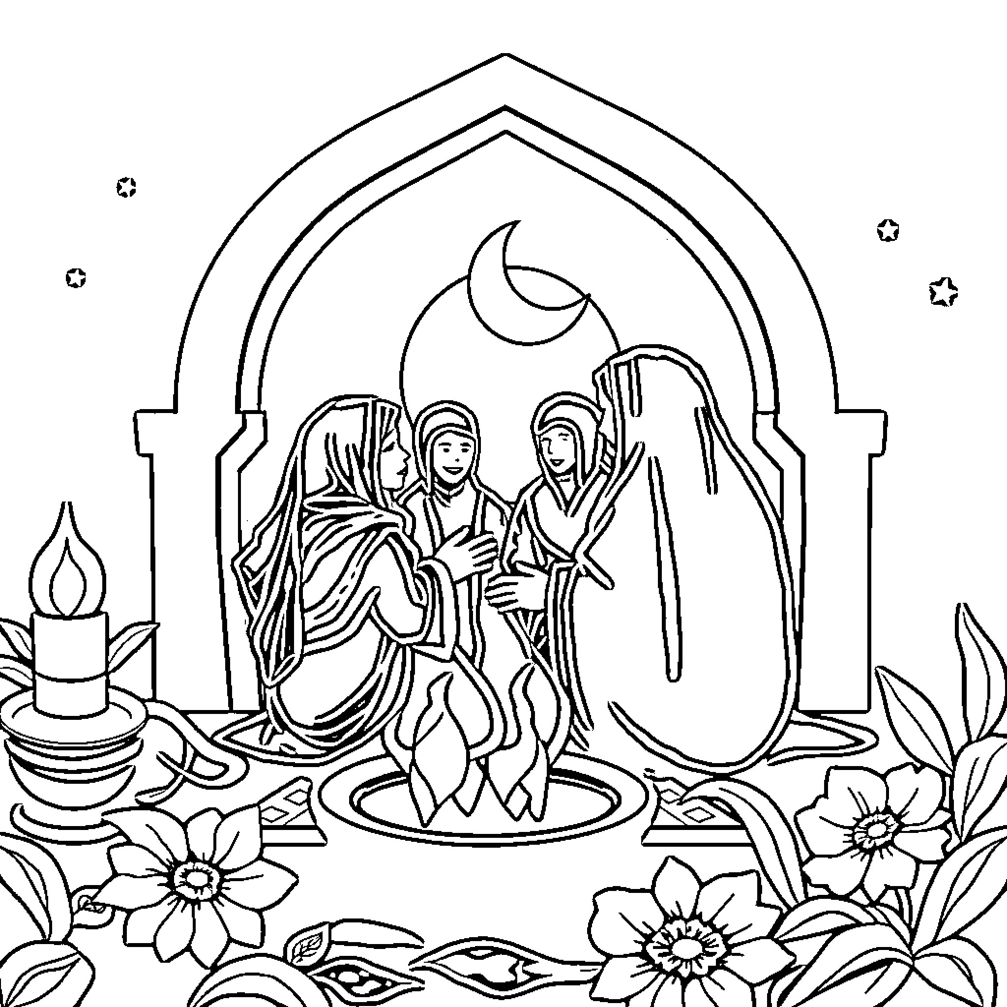 Sahur with family in ornate archway Coloring Page (free black-and-white line drawing printable PDF for all, from beginners to advanced learners, including children, teens, adults, and seniors)