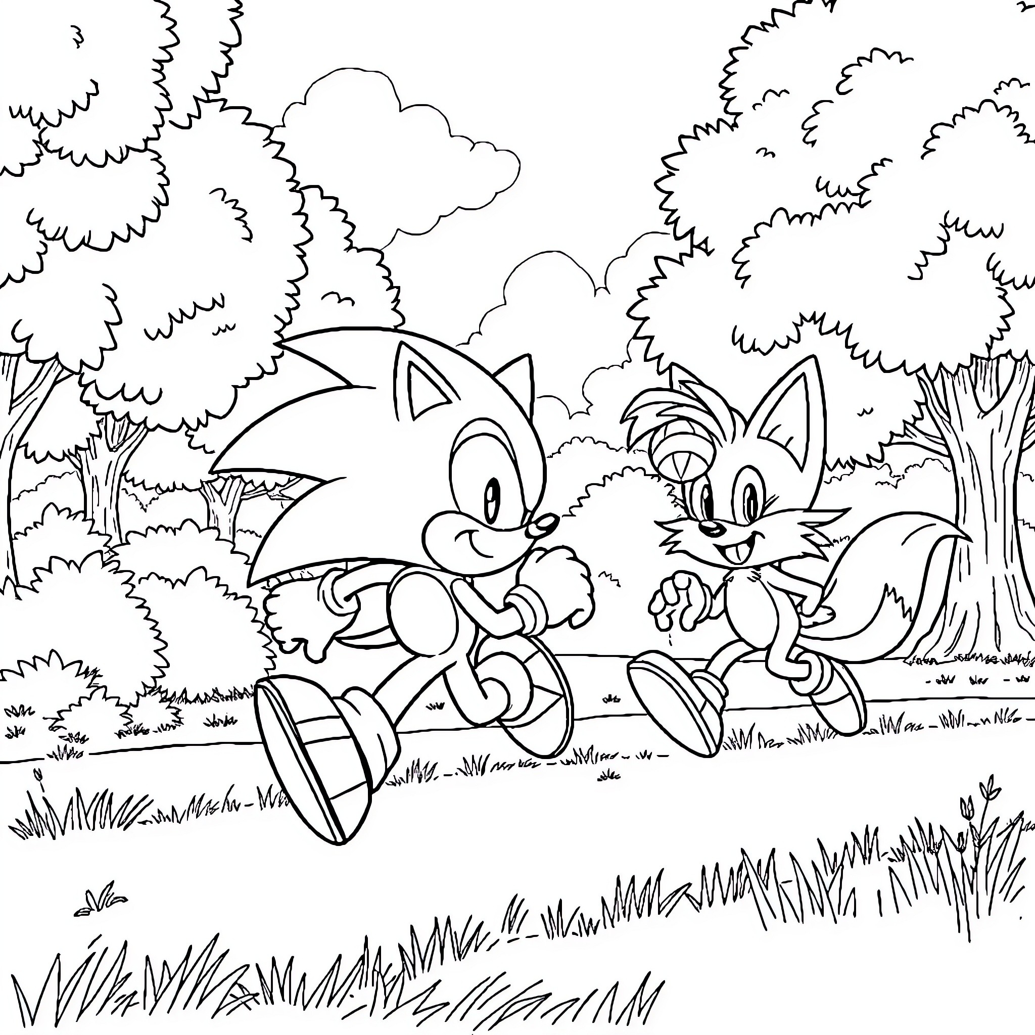 Sonic and Friends Exploring the Lush Forest Coloring Page (free black-and-white line drawing printable PDF for all, from beginners to advanced learners, including children, teens, adults, and seniors)