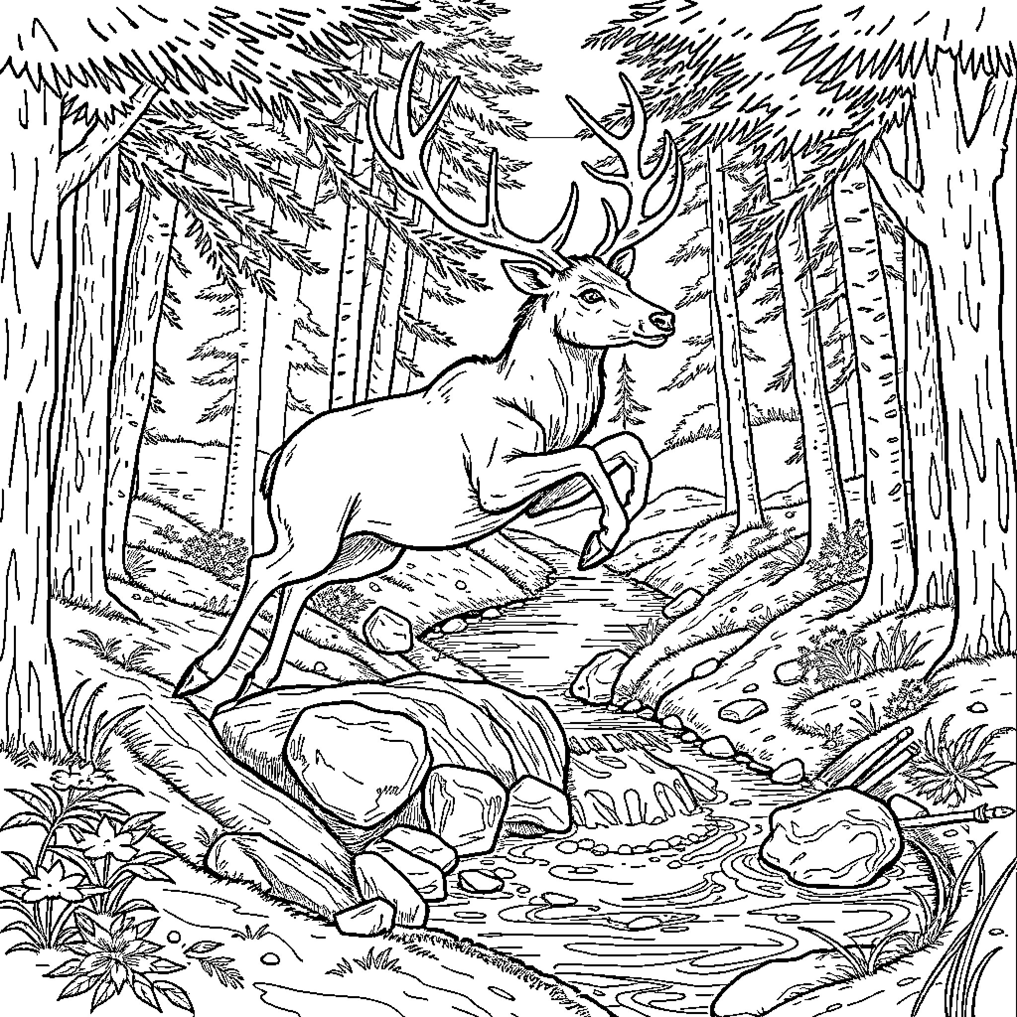 Stag roaming through the lush forest landscape Coloring Page (free black-and-white line drawing printable PDF for all, from beginners to advanced learners, including children, teens, adults, and seniors)