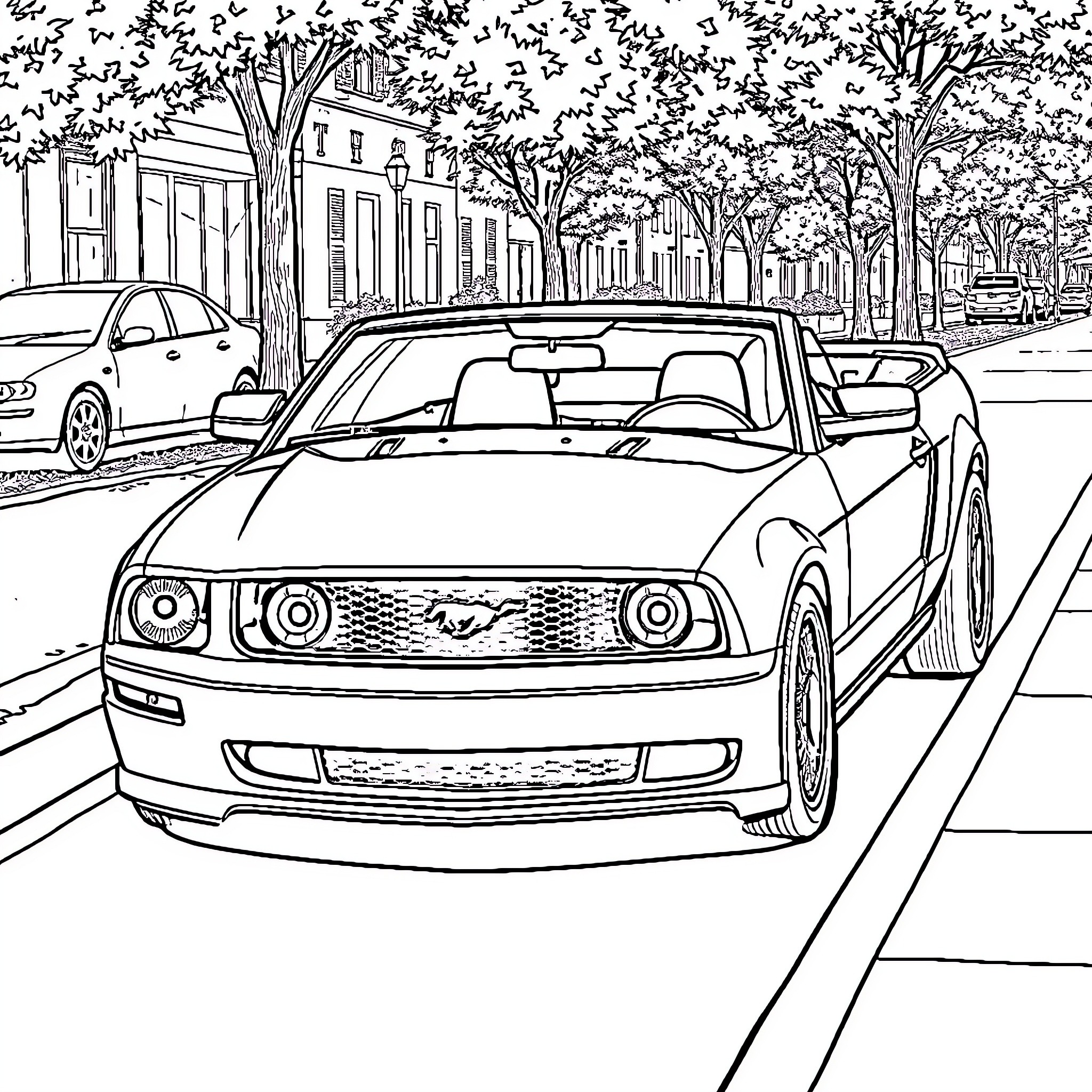 Ford Mustang on urban street with parked cars Coloring Page (free black-and-white line drawing printable PDF for all, from beginners to advanced learners, including children, teens, adults, and seniors)