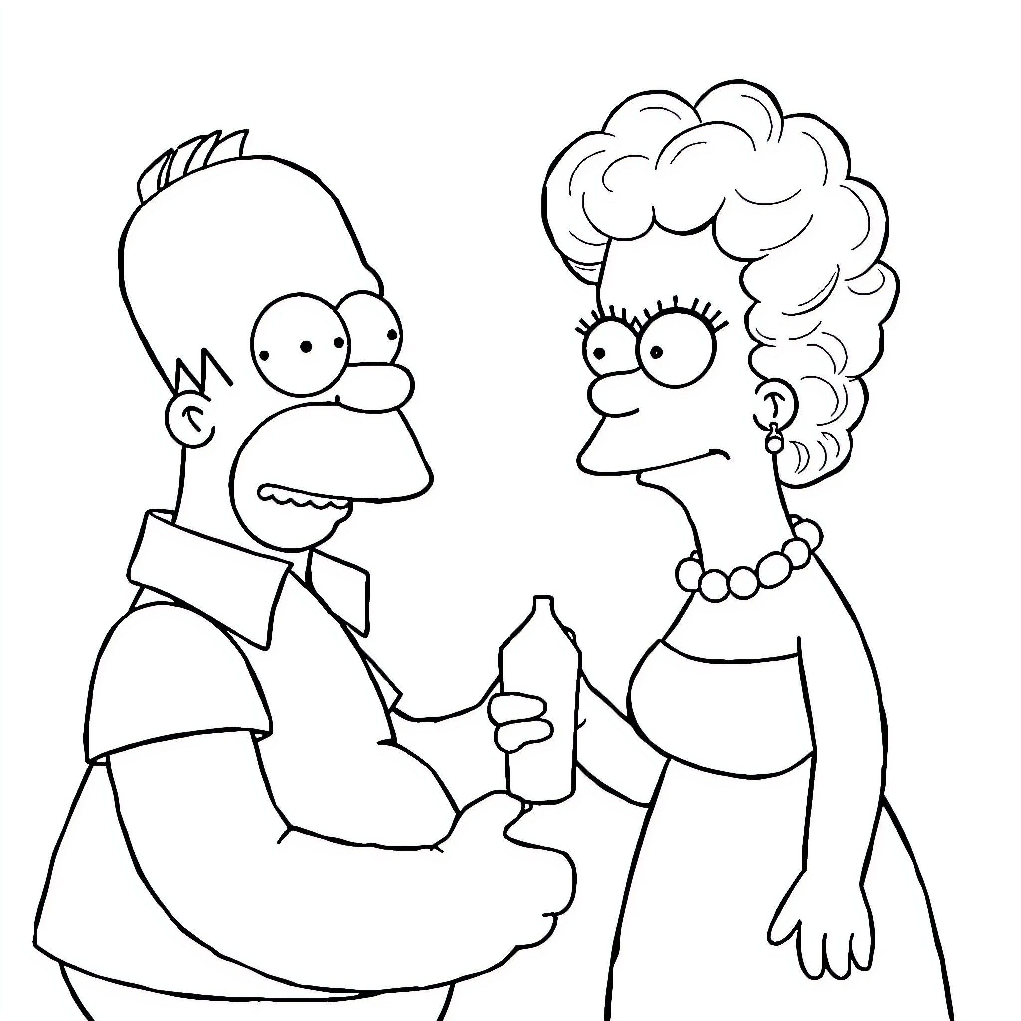 Homero and Marge having a conversation Coloring Page (free black-and-white line drawing printable PDF for all, from beginners to advanced learners, including children, teens, adults, and seniors)