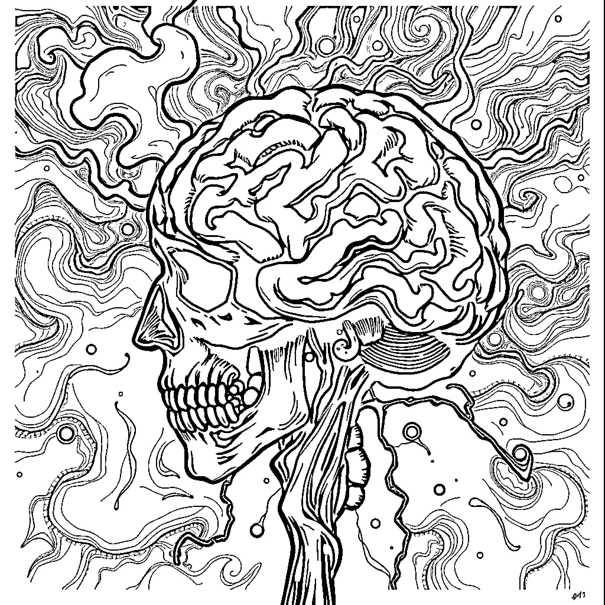 Brain exploring the abstract depths of the mind Coloring Page (free black-and-white line drawing printable PDF for all, from beginners to advanced learners, including children, teens, adults, and seniors)