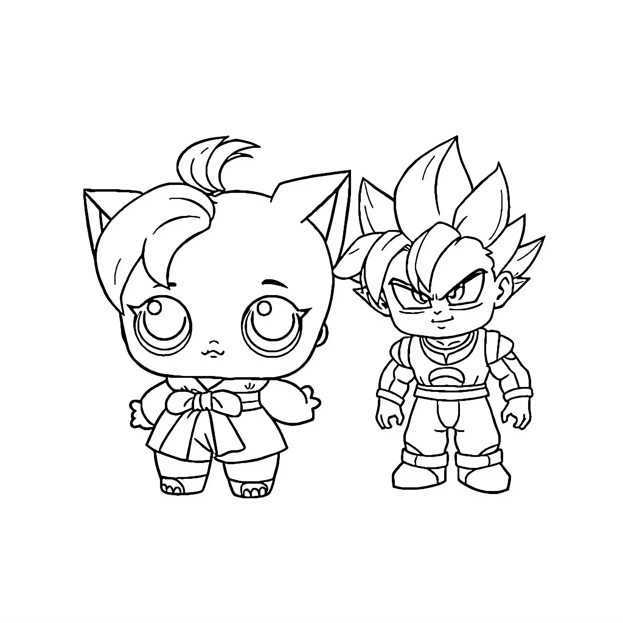 Doll-like characters in anime style attire Coloring Page (free black-and-white line drawing printable PDF for all, from beginners to advanced learners, including children, teens, adults, and seniors)