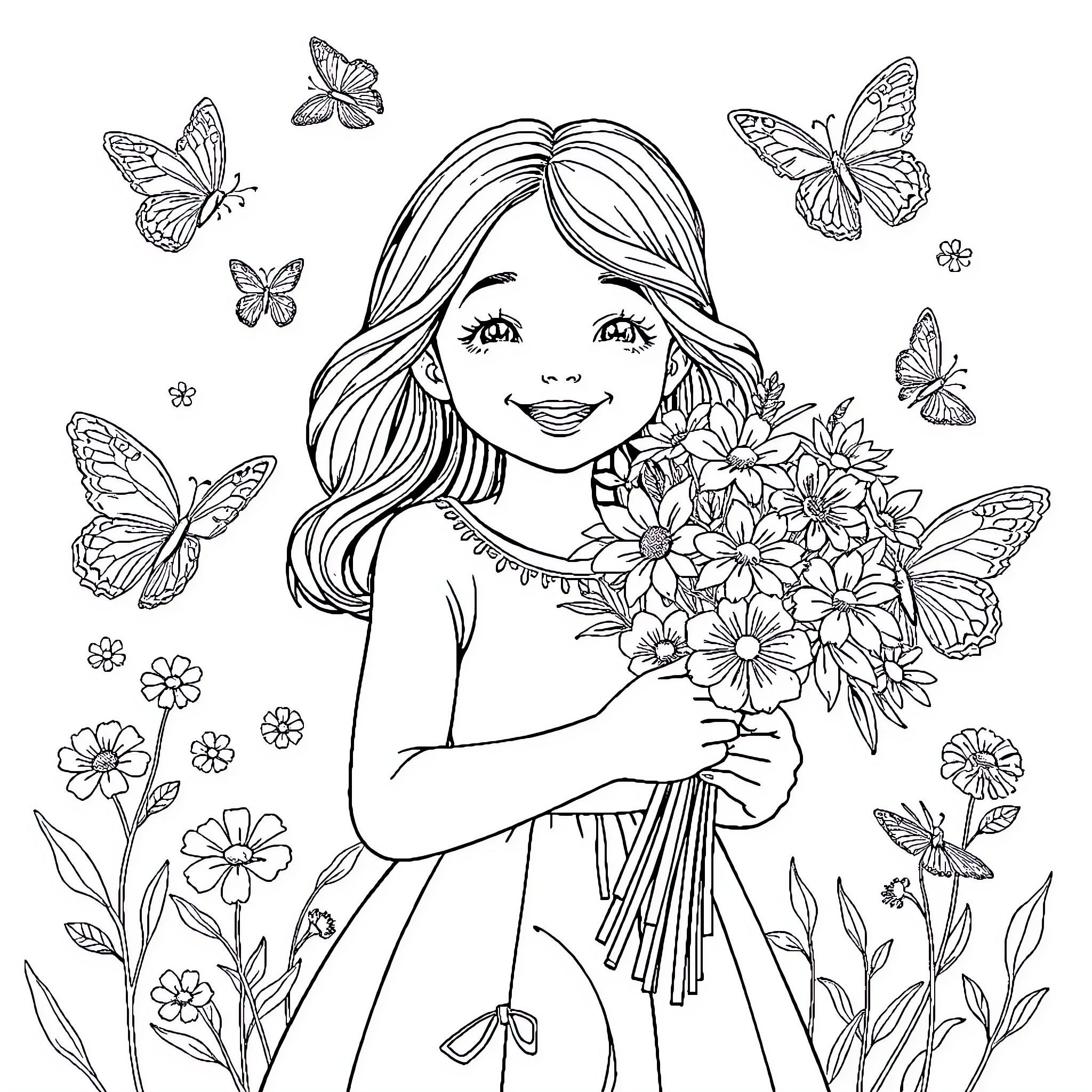 Girl holding a bouquet of flowers surrounded by butterflies Coloring Page (free black-and-white line drawing printable PDF for all, from beginners to advanced learners, including children, teens, adults, and seniors)