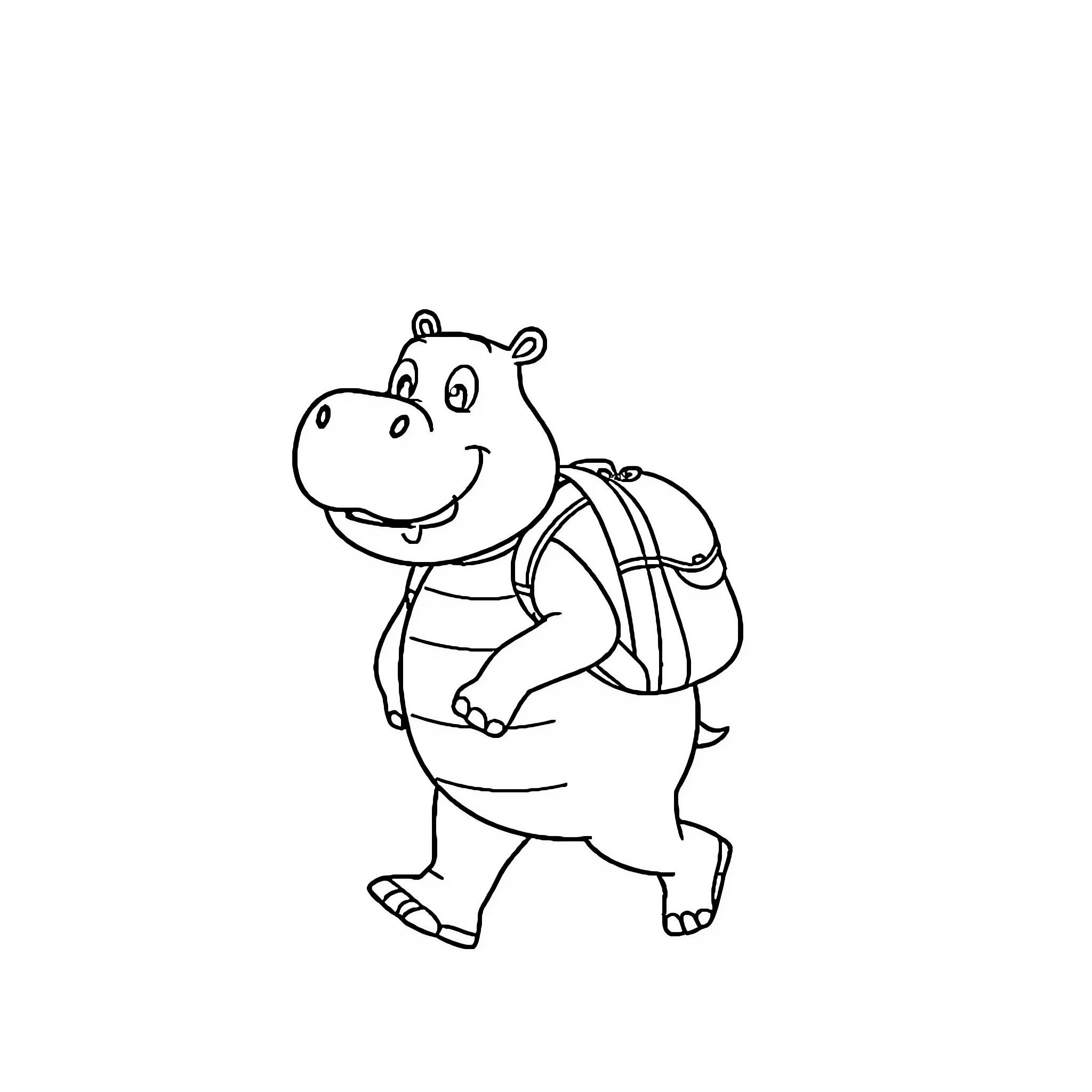Hippo carrying backpack on the go Coloring Page (free black-and-white line drawing printable PDF for all, from beginners to advanced learners, including children, teens, adults, and seniors)