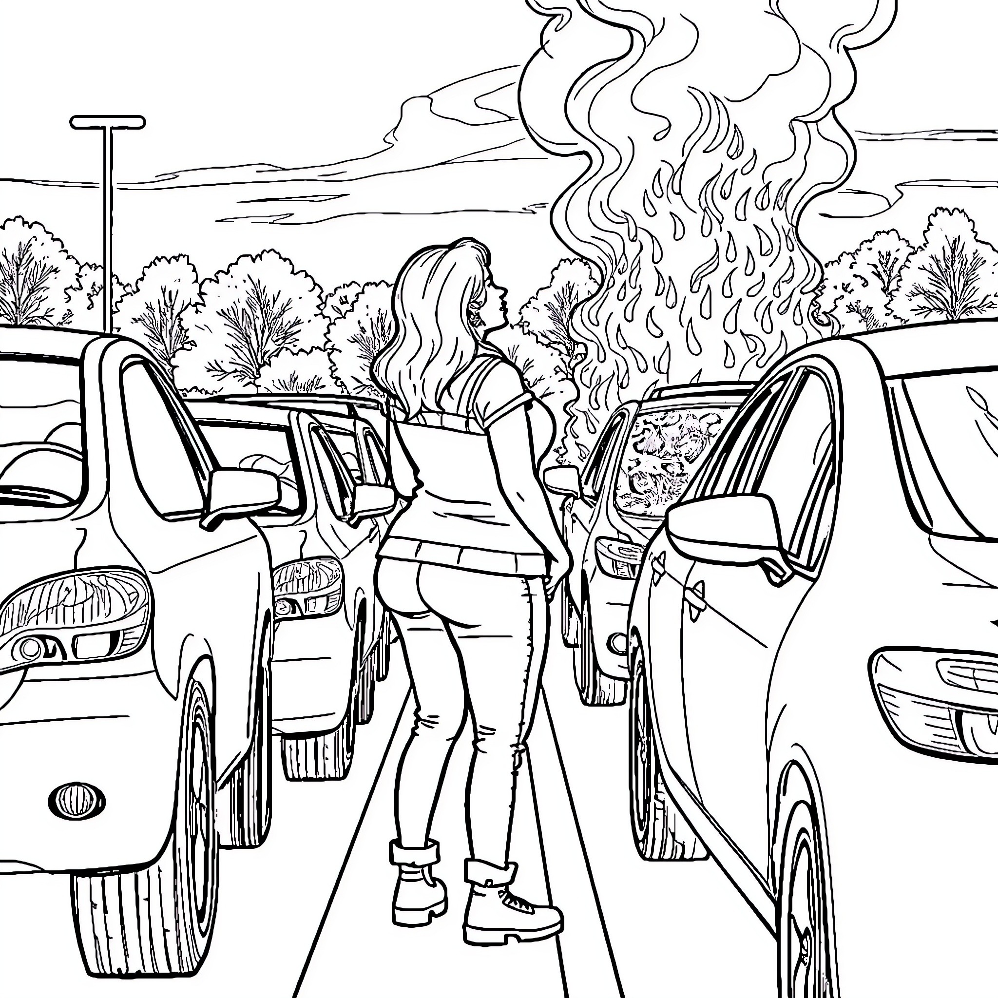 Serpentine Figures Amid Vehicle Chaos Coloring Page (free black-and-white line drawing printable PDF for all, from beginners to advanced learners, including children, teens, adults, and seniors)