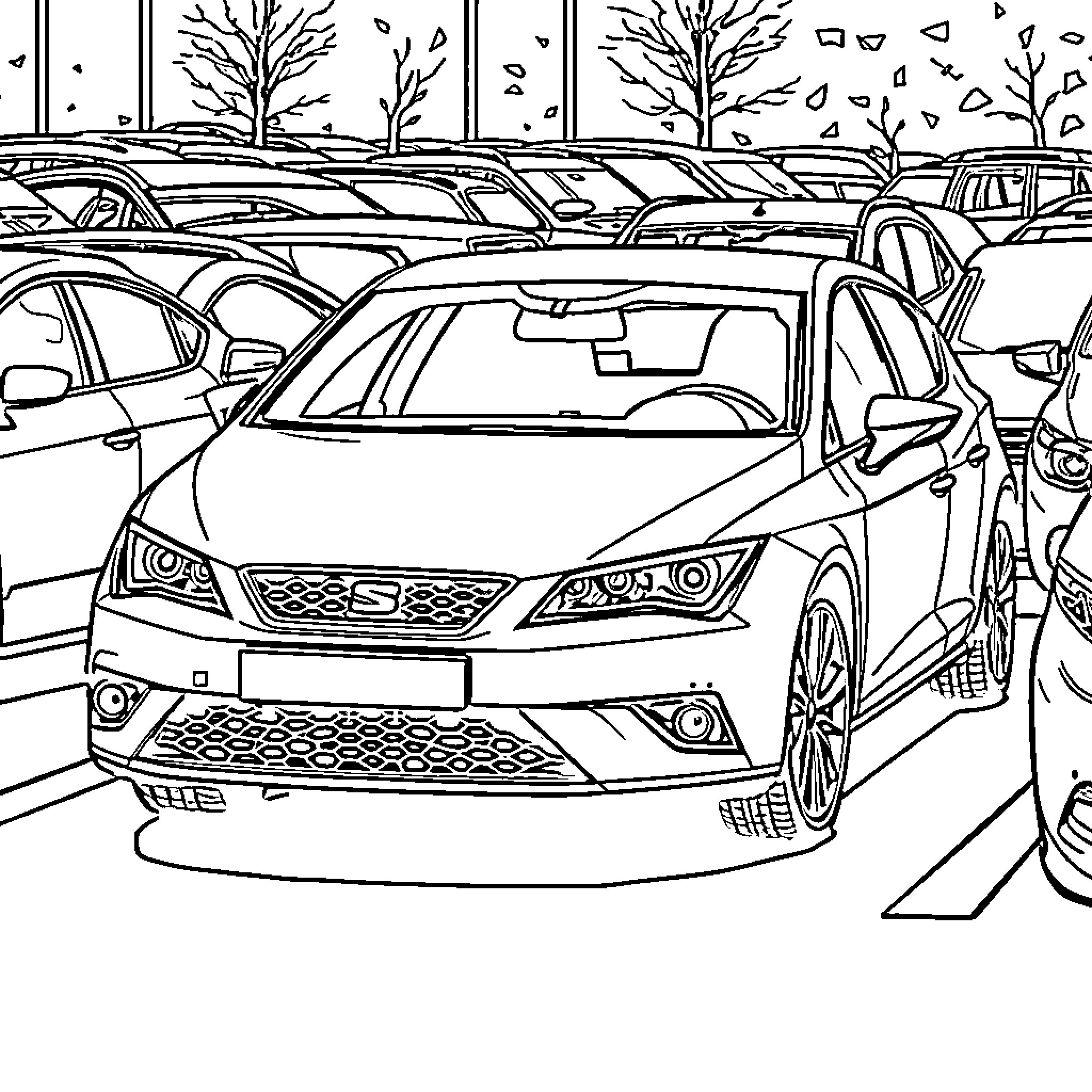 Car Parked in Lot with Bare Trees Coloring Page (free black-and-white line drawing printable PDF for all, from beginners to advanced learners, including children, teens, adults, and seniors)