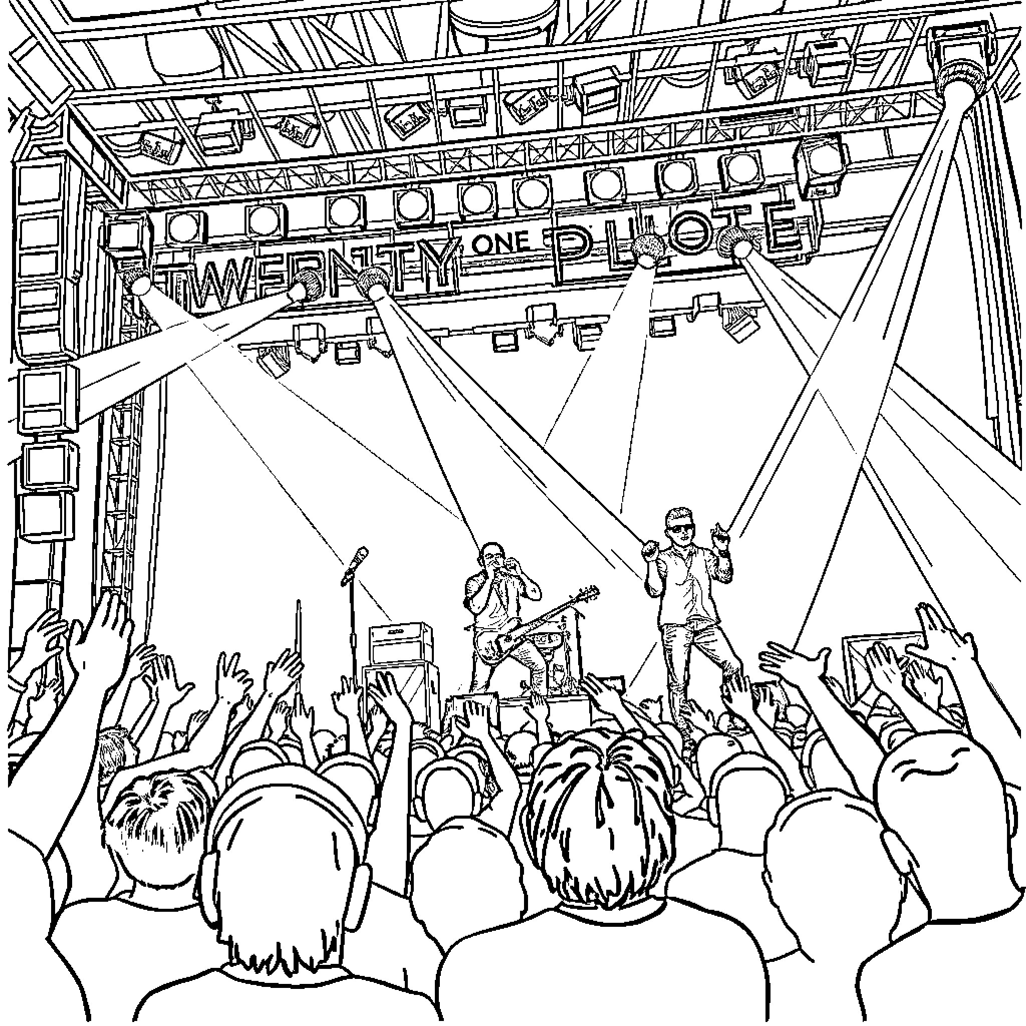 Twenty One Pilots Energetic Performance on Stage Coloring Page (free black-and-white line drawing printable PDF for all, from beginners to advanced learners, including children, teens, adults, and seniors)