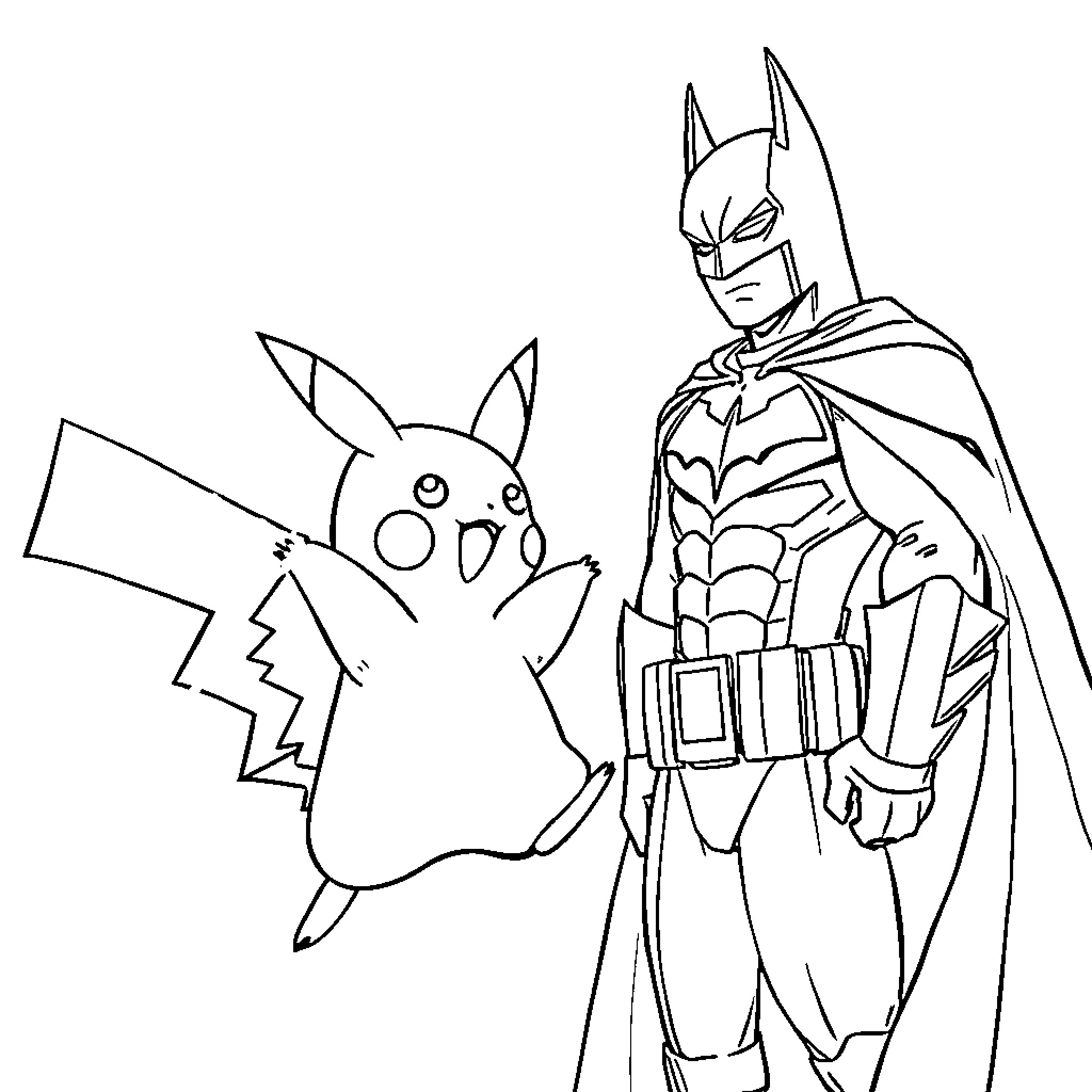 Pikachu and Batman teaming up for an adventure Coloring Page (free black-and-white line drawing printable PDF for all, from beginners to advanced learners, including children, teens, adults, and seniors)